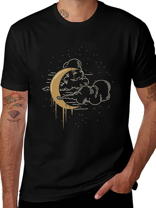 Celestial Crescent Moon Graphic Tee - Black