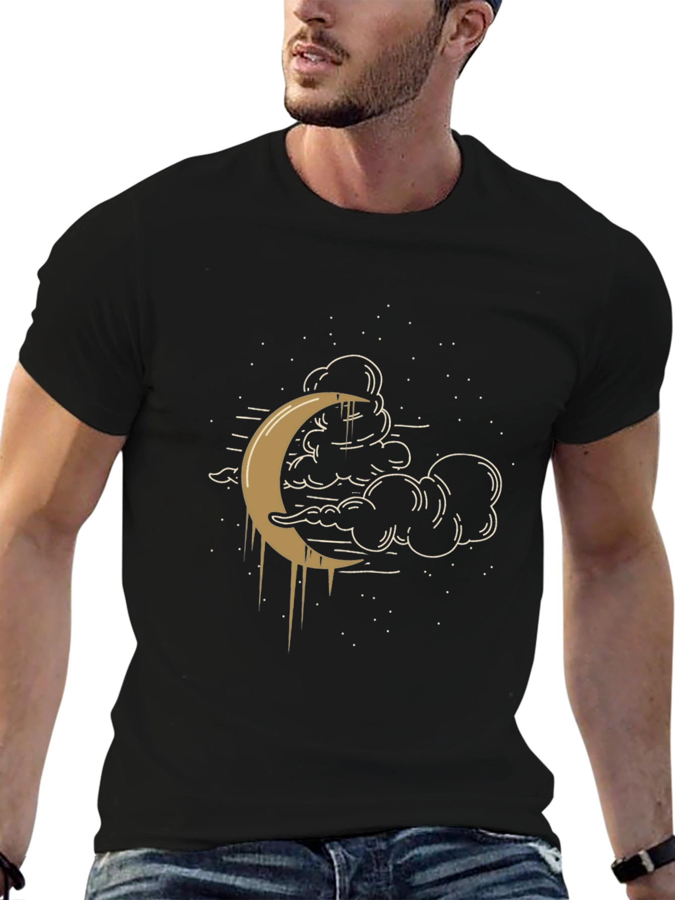 Celestial Crescent Moon Graphic Tee - Black