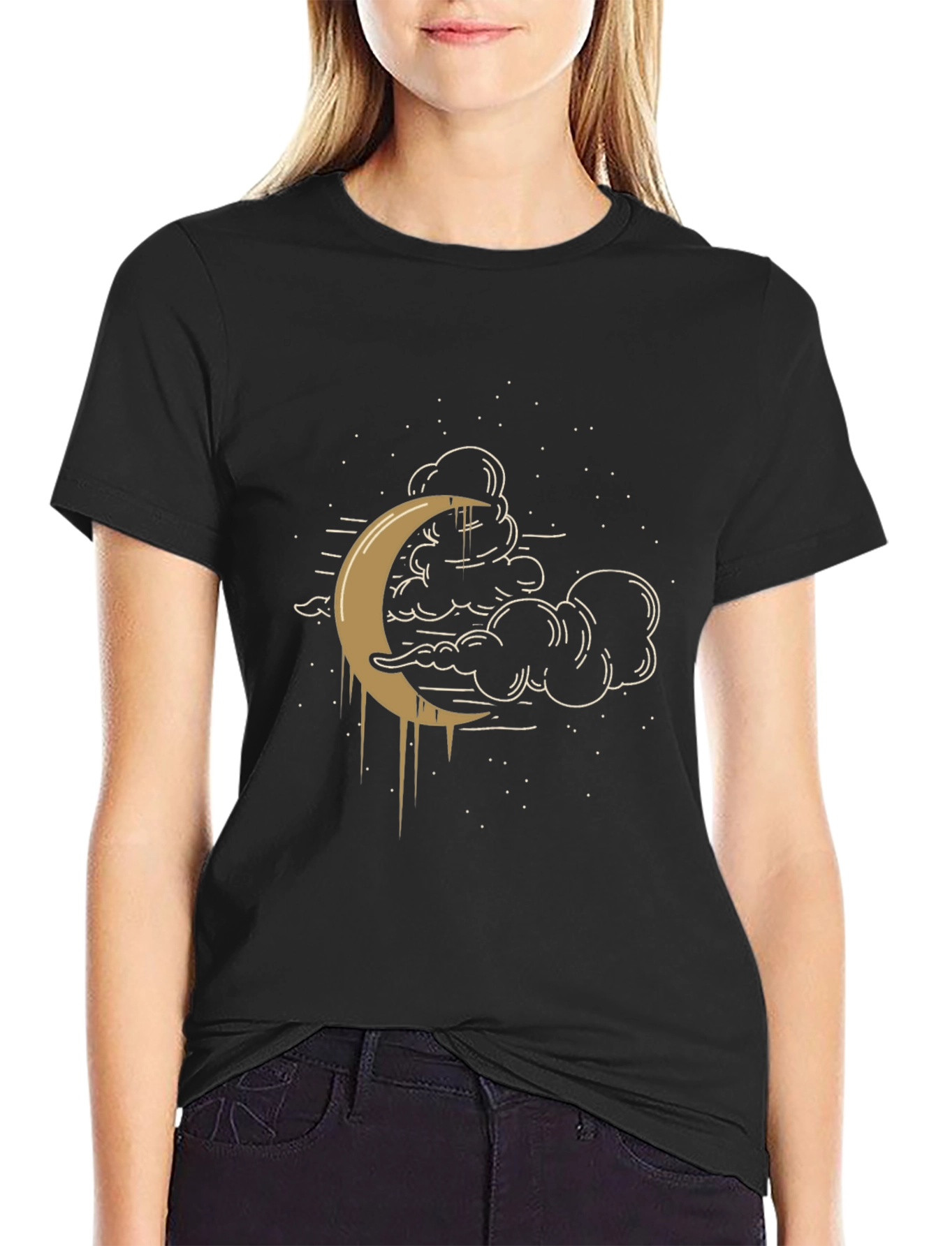 Celestial Crescent Moon Graphic Tee - Black