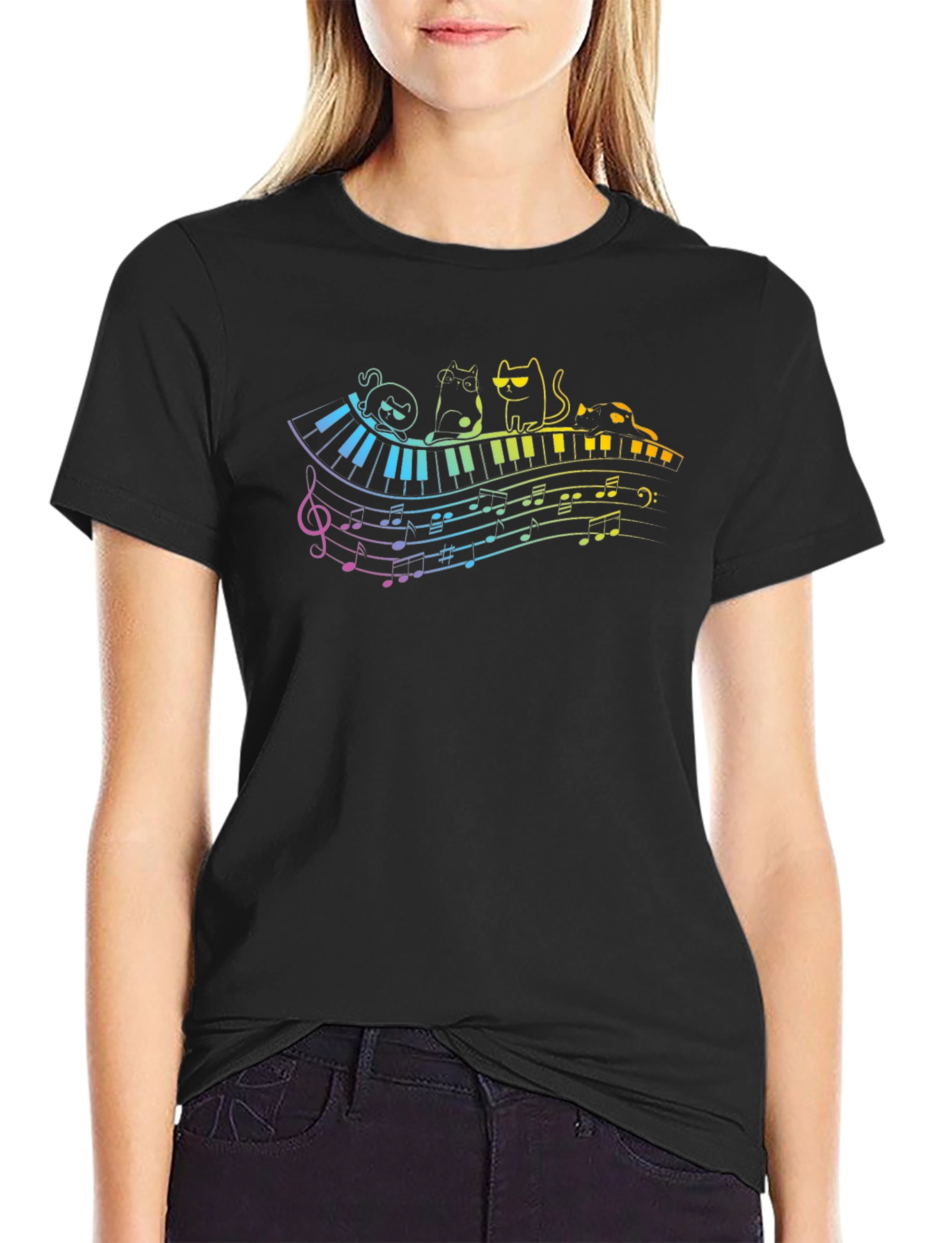 Cat Piano Music Rainbow T-Shirt