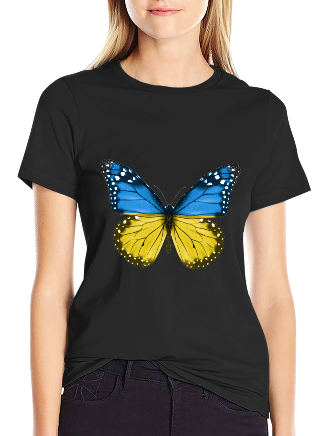 Ukraine Butterfly Graphic Tee - Black Cotton T-Shirt