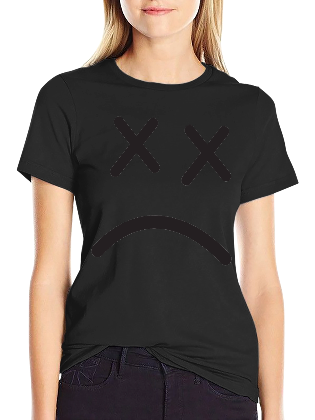 Sad Face Graphic Tee - Black Cotton T-Shirt