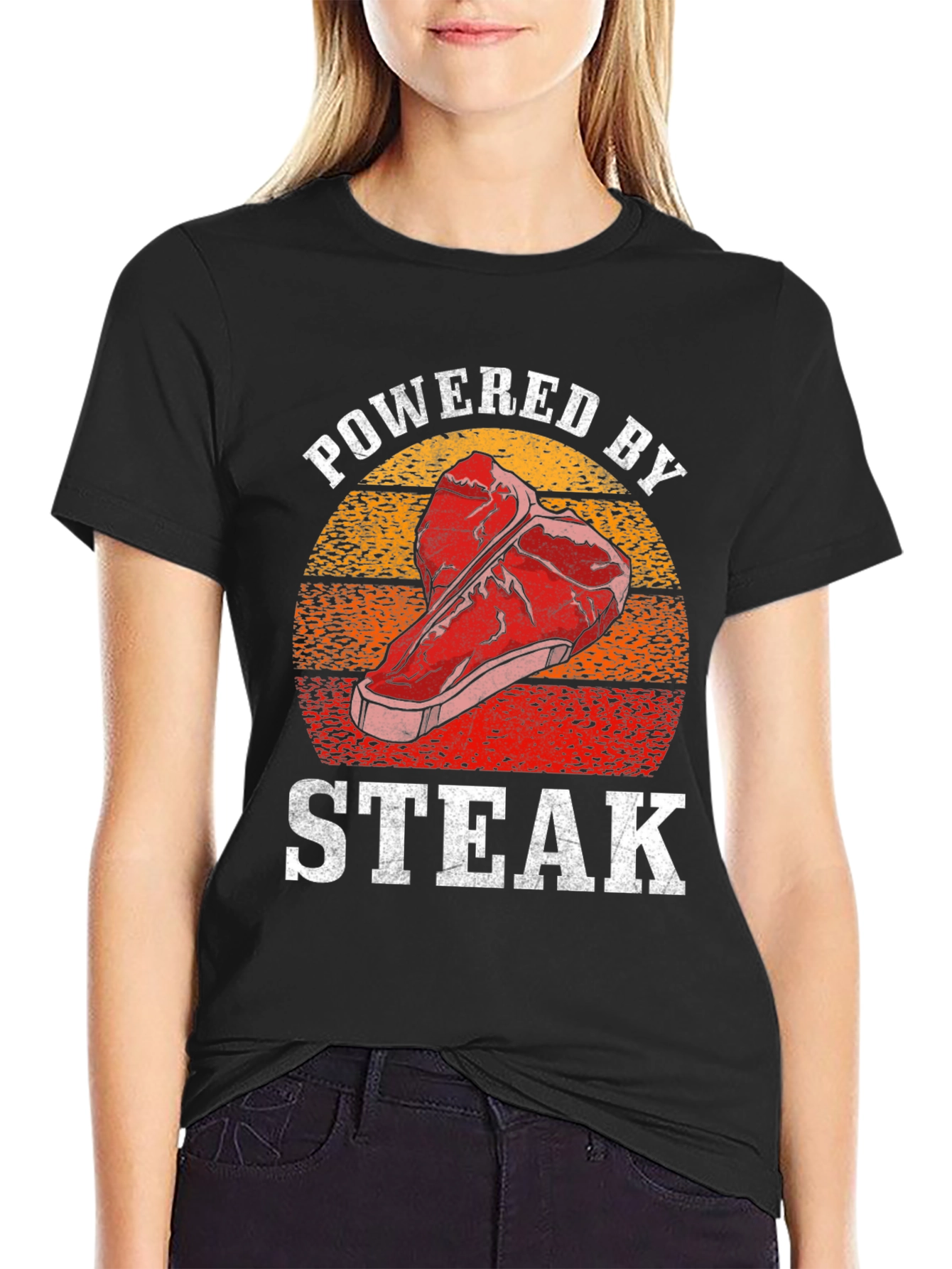 Powered by Steak Graphic T-Shirt - Funny Foodie Tee