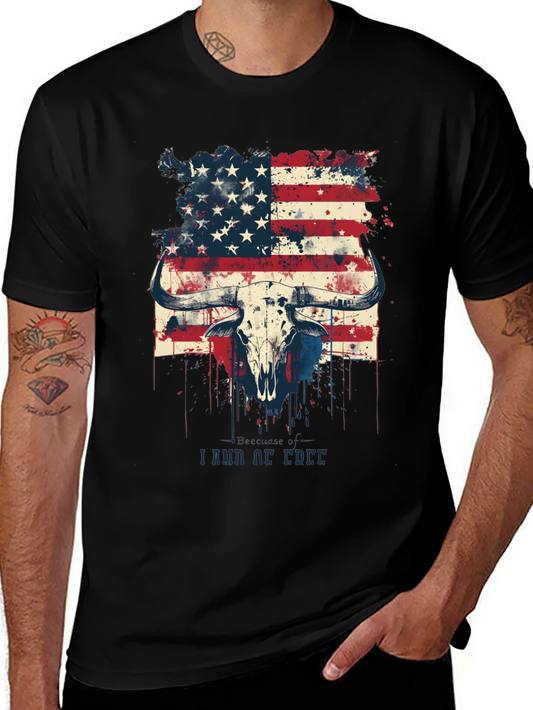 American Flag Bull Skull Graphic T-Shirt