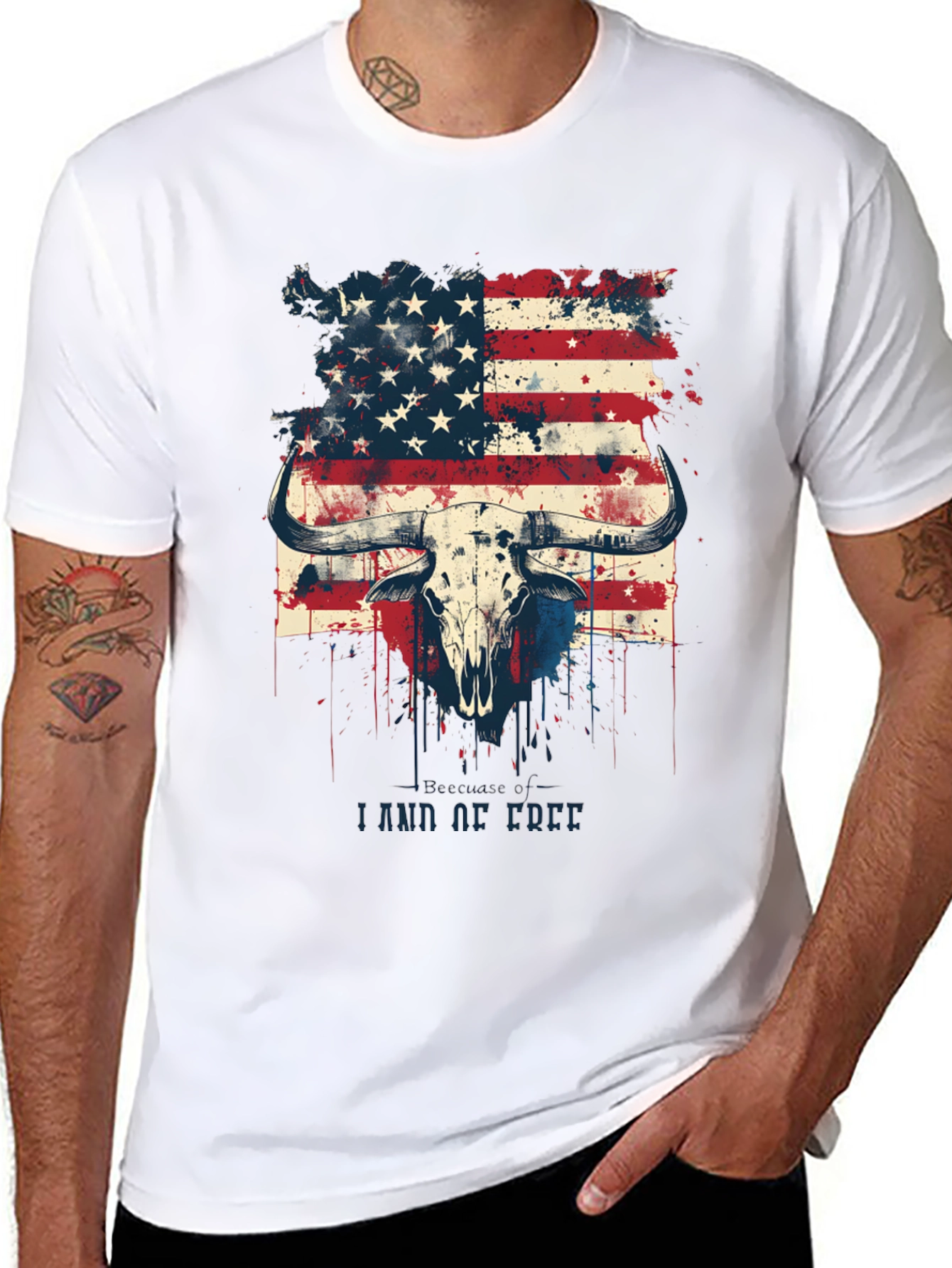 American Flag Bull Skull Graphic T-Shirt