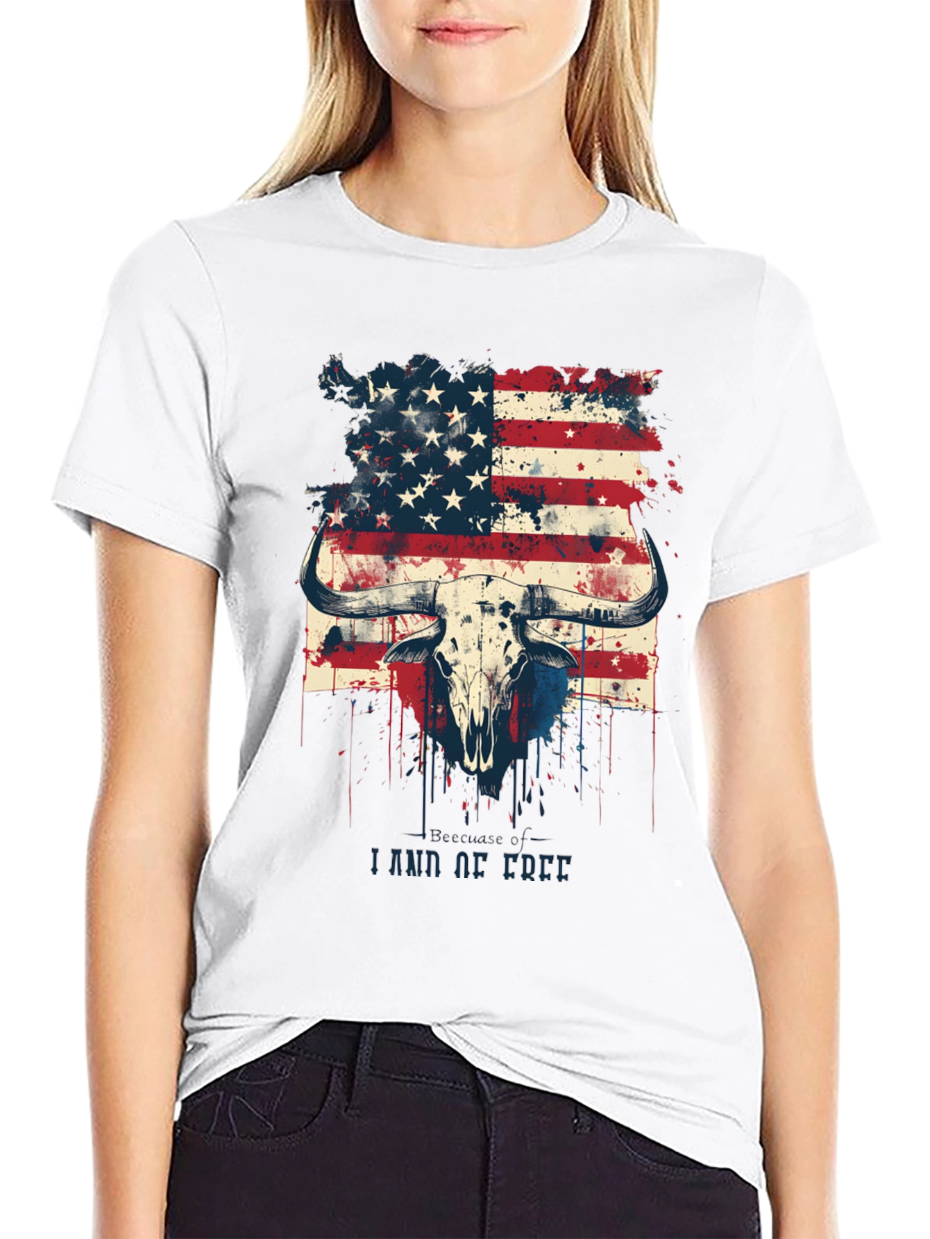 American Flag Bull Skull Graphic T-Shirt