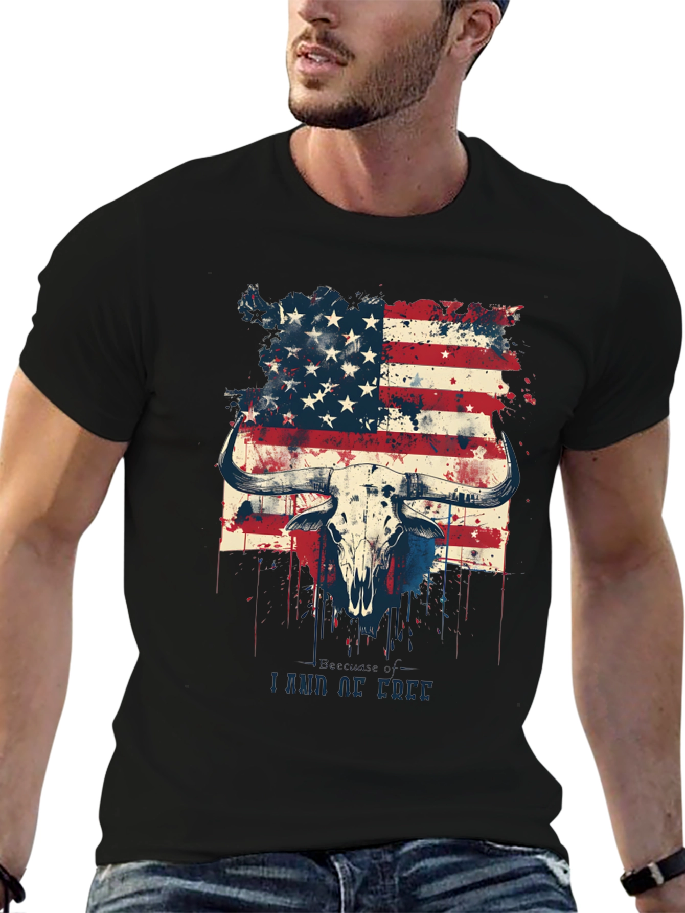 American Flag Bull Skull Graphic T-Shirt