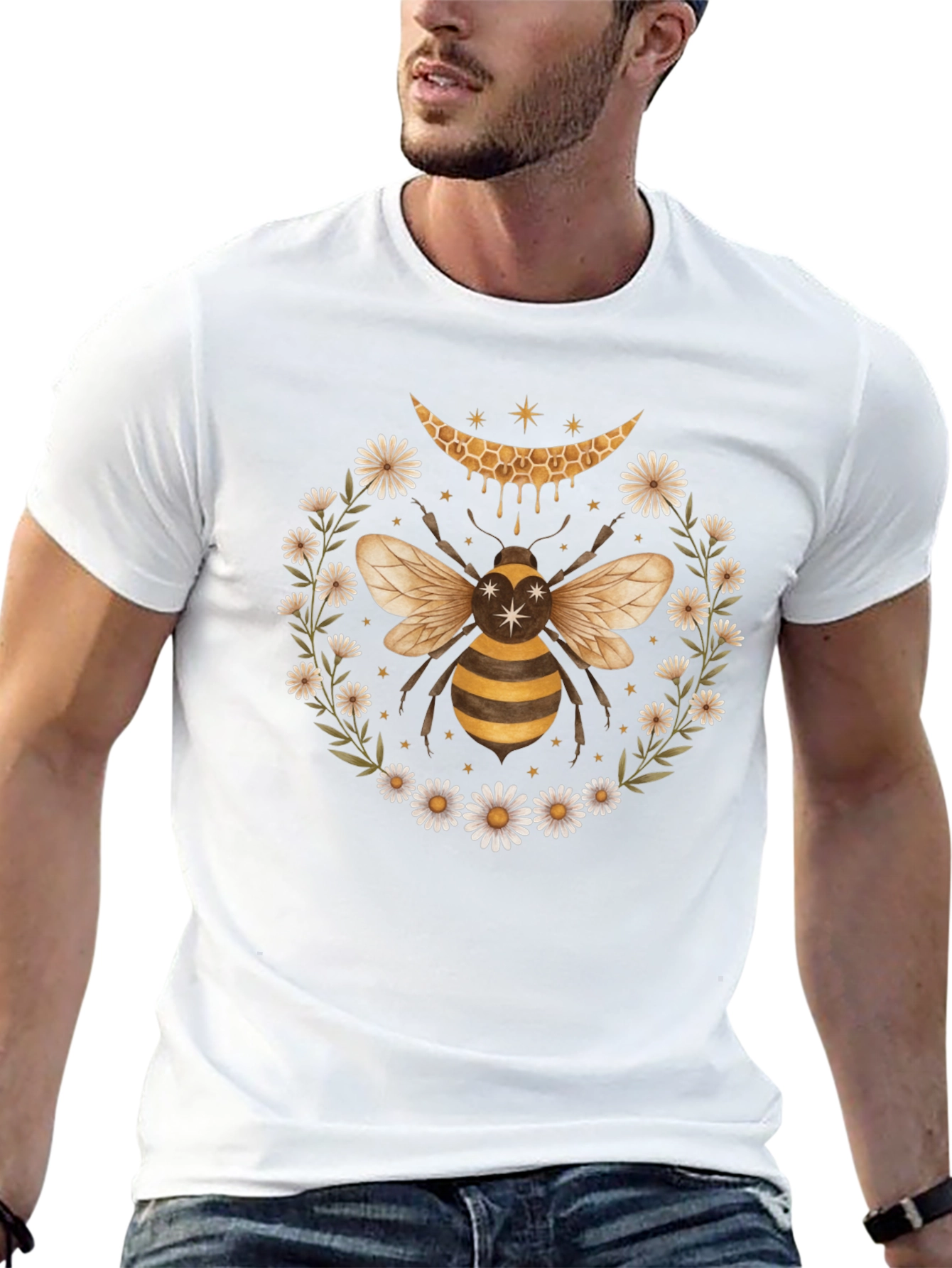 Honeycomb Bee Daisy Wreath Black Tee