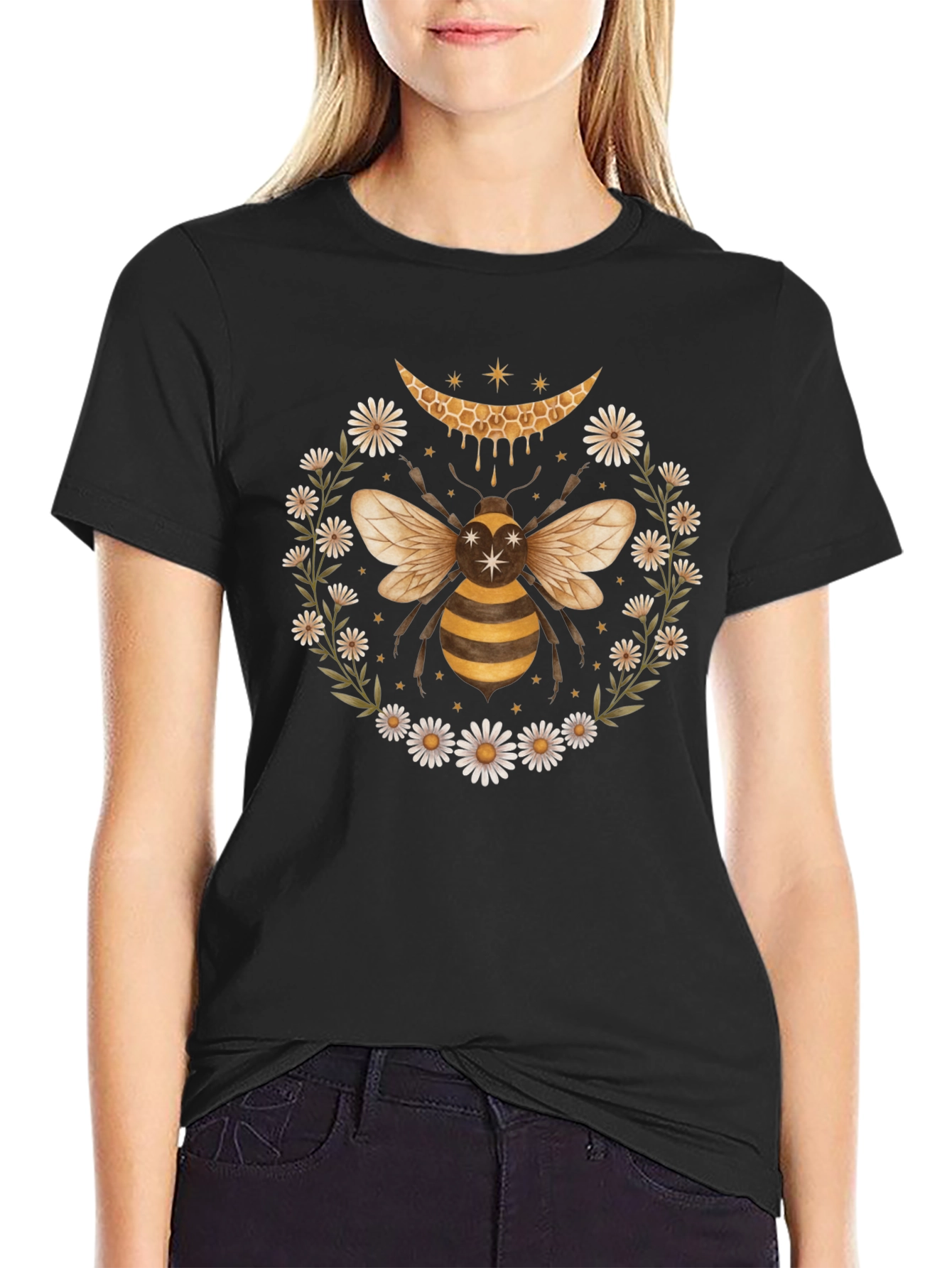 Honeycomb Bee Daisy Wreath Black Tee