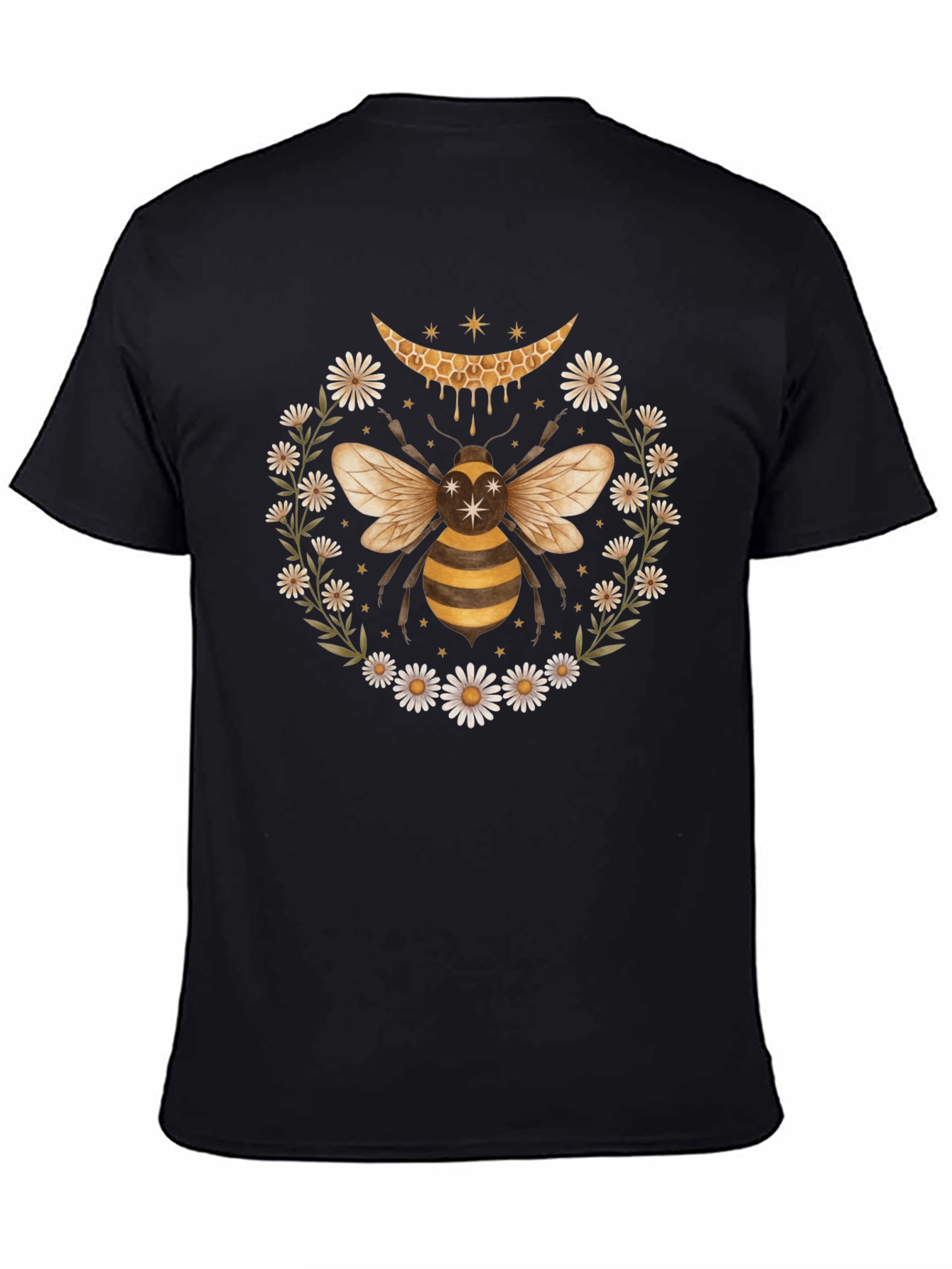 Honeycomb Bee Daisy Wreath Black Tee