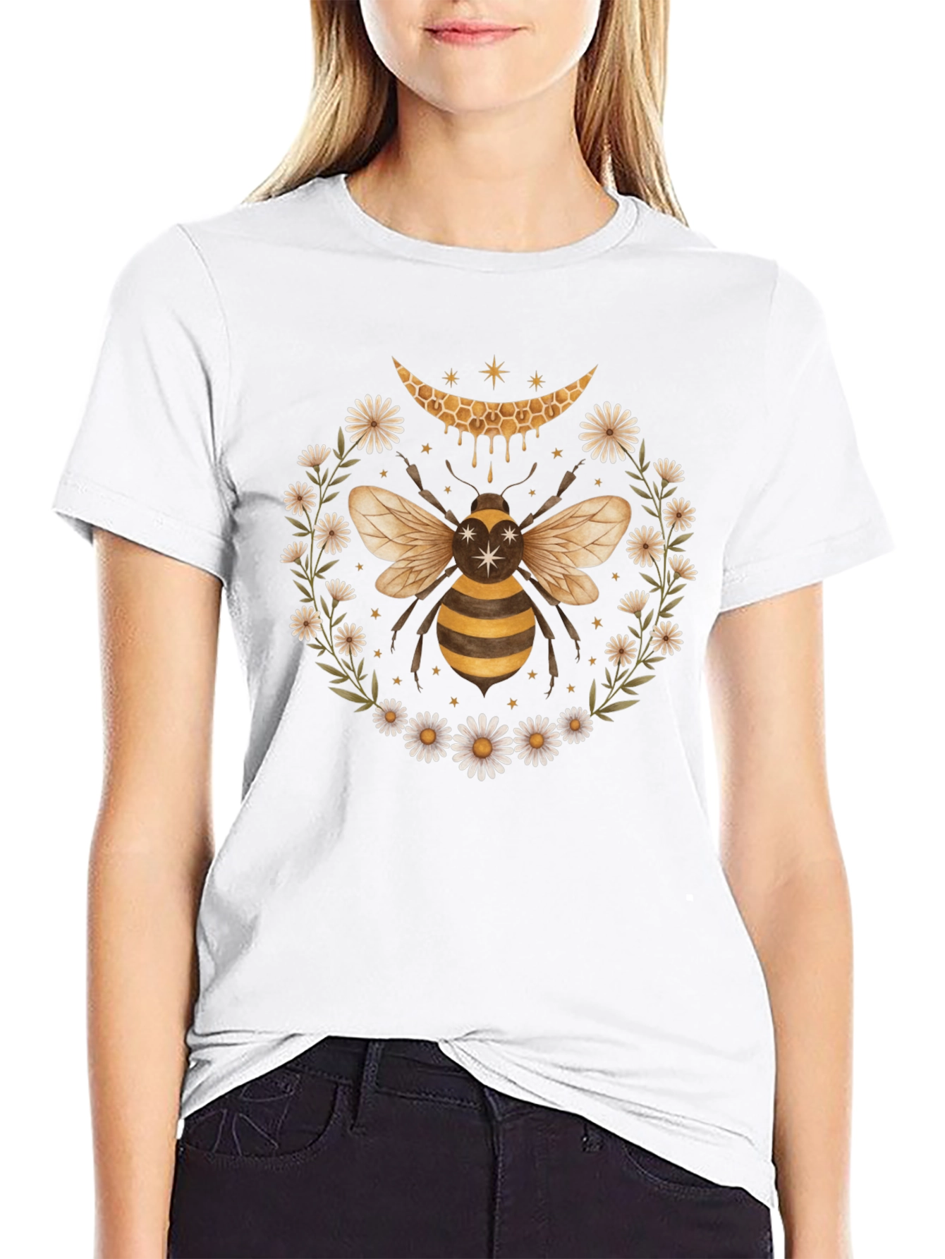 Honeycomb Bee Daisy Wreath Black Tee