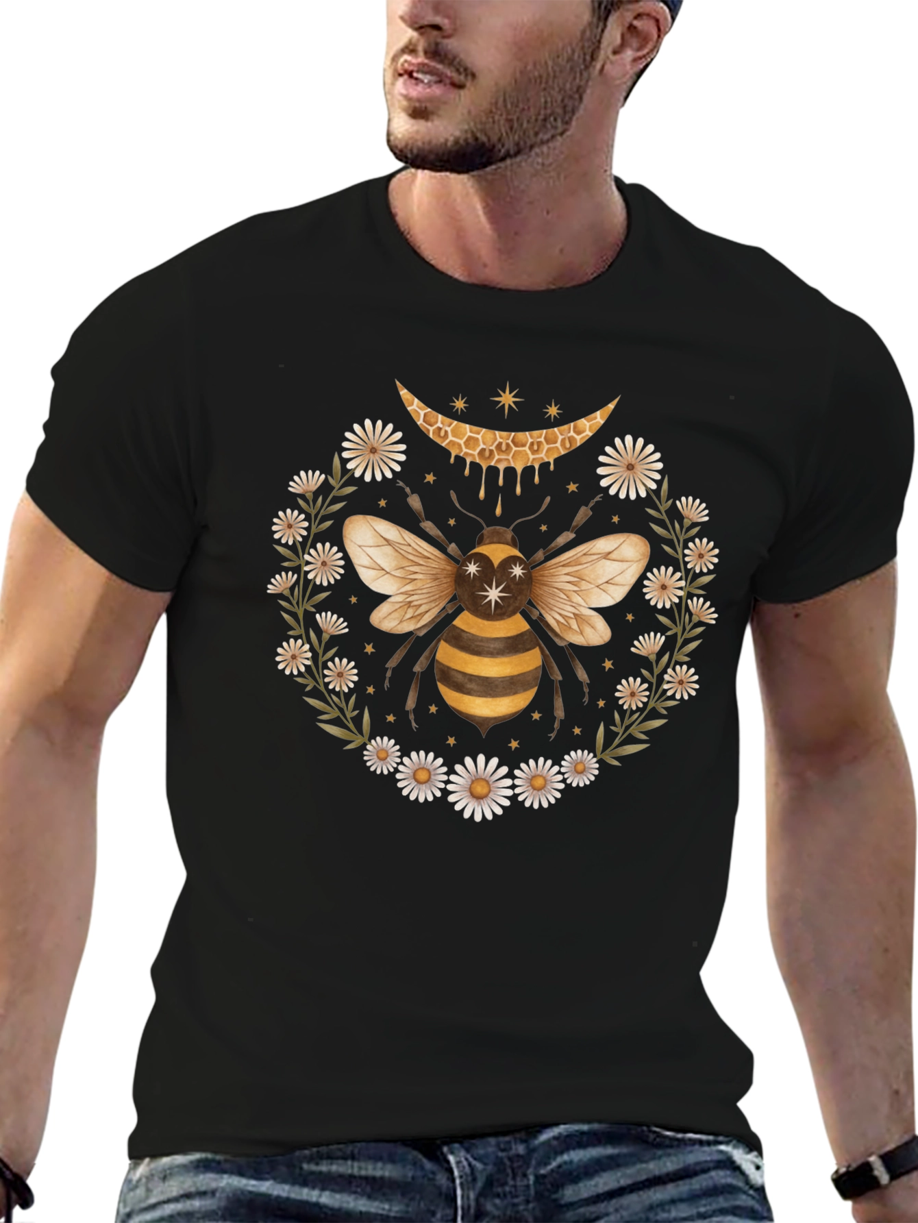 Honeycomb Bee Daisy Wreath Black Tee