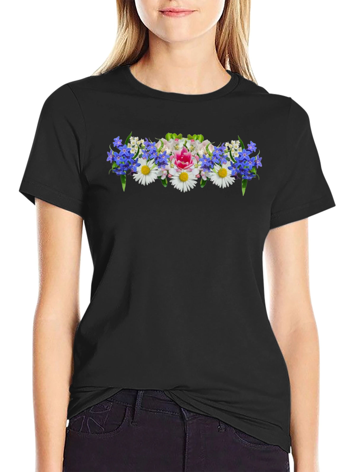 Floral T-Shirt - Black Crew Neck Tee