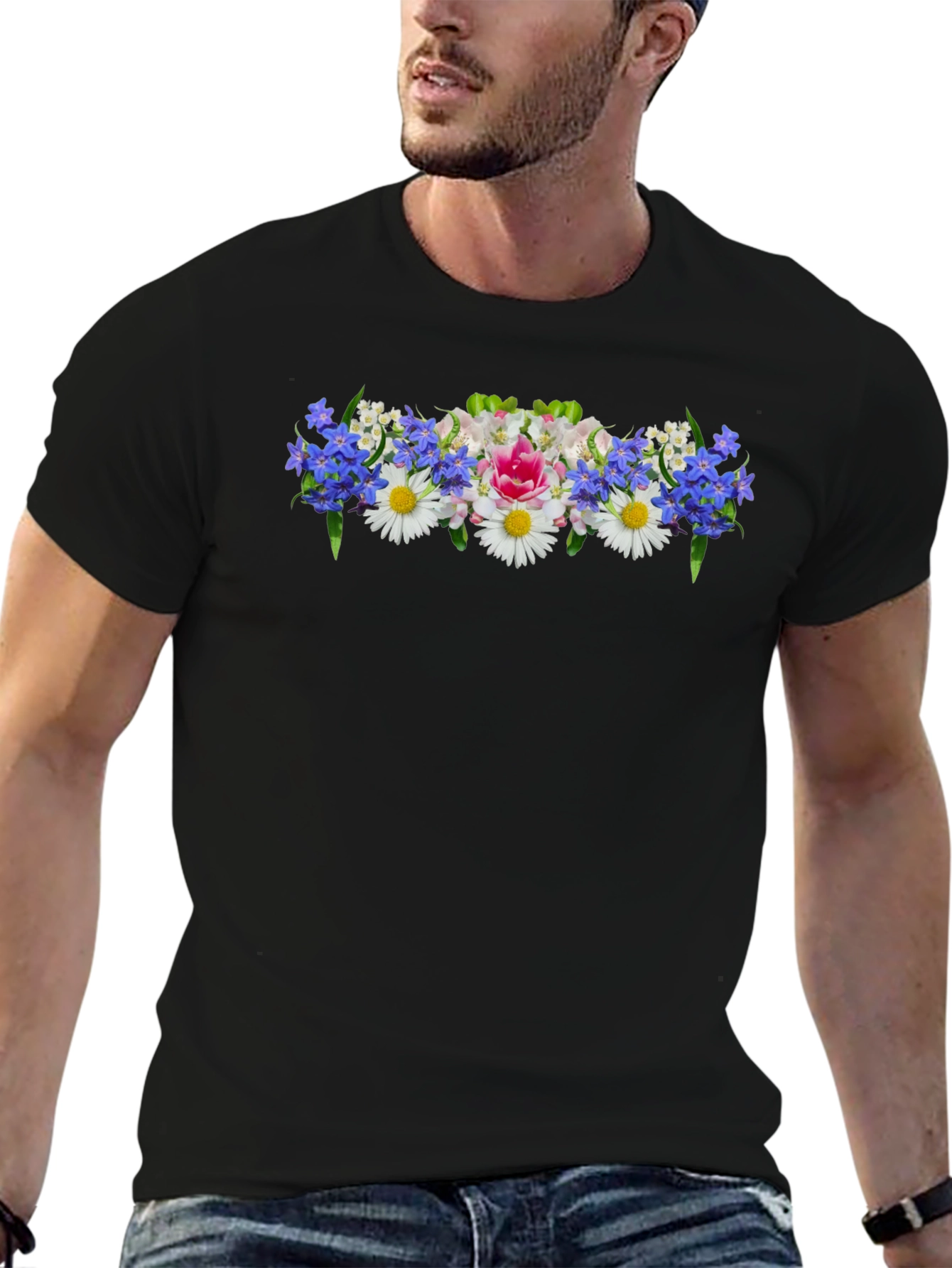 Floral T-Shirt - Black Crew Neck Tee
