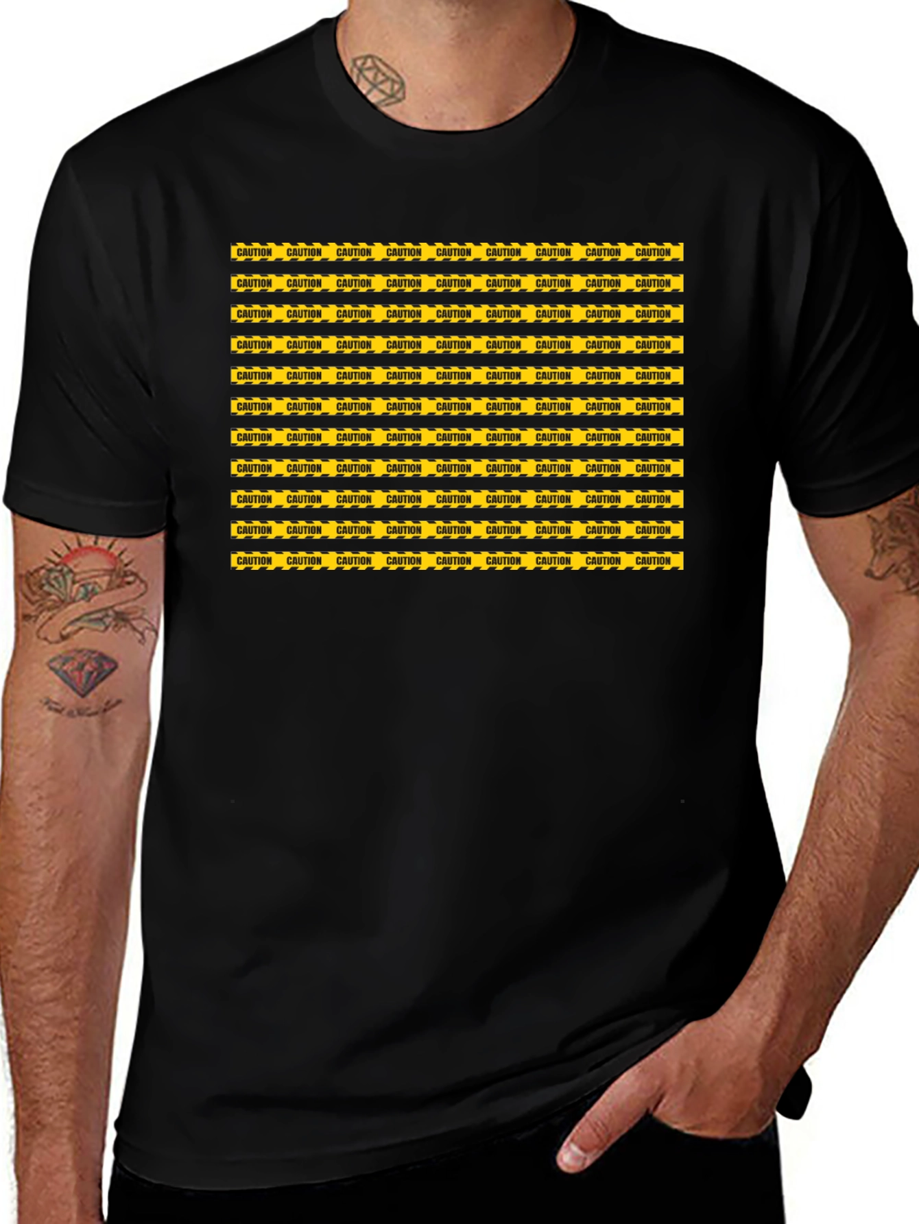 Caution Tape Pattern Graphic Tee - Black