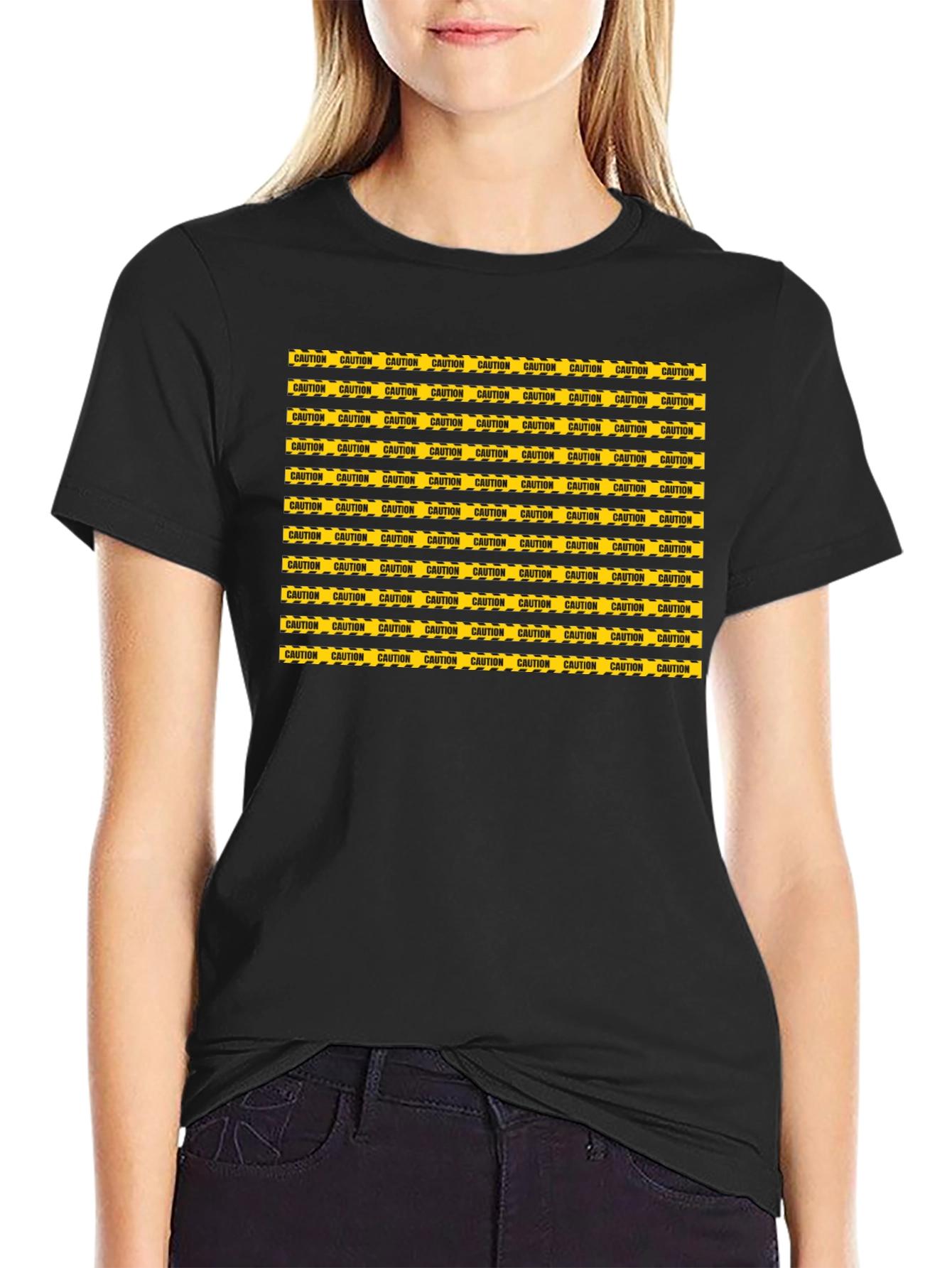 Caution Tape Pattern Graphic Tee - Black