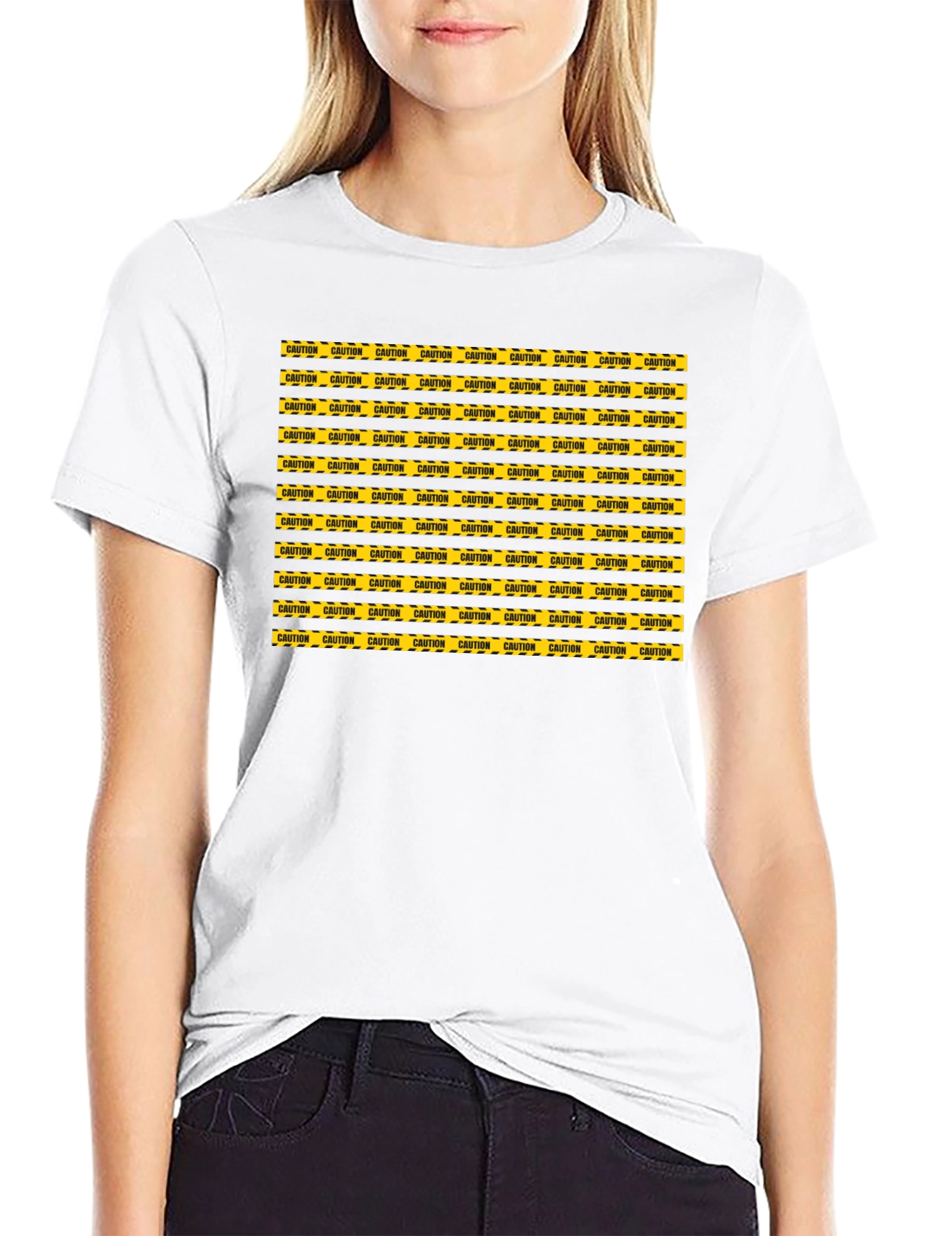 Caution Tape Pattern Graphic Tee - Black