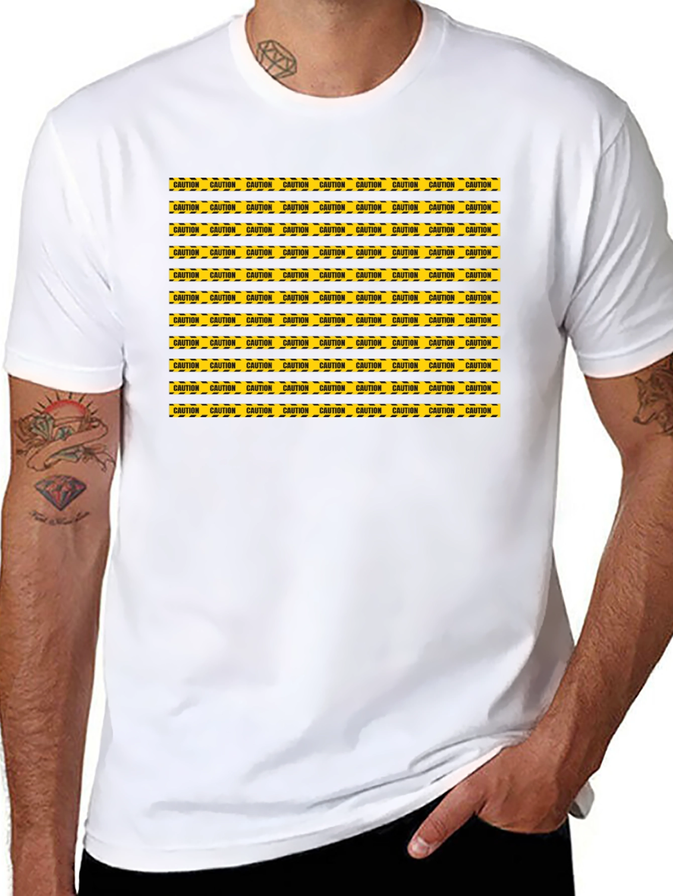 Caution Tape Pattern Graphic Tee - Black