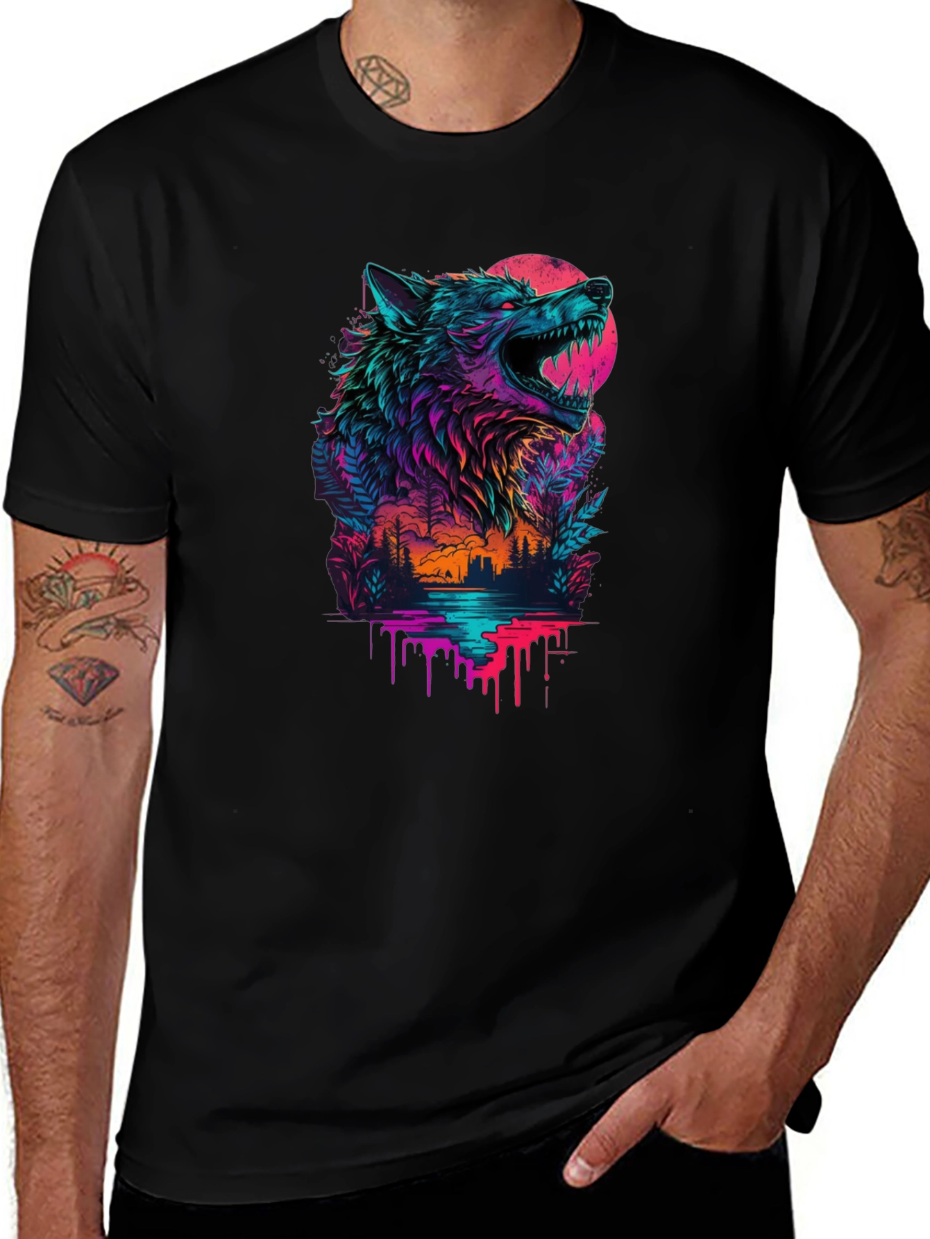 Neon Wolf Graphic Black T-Shirt