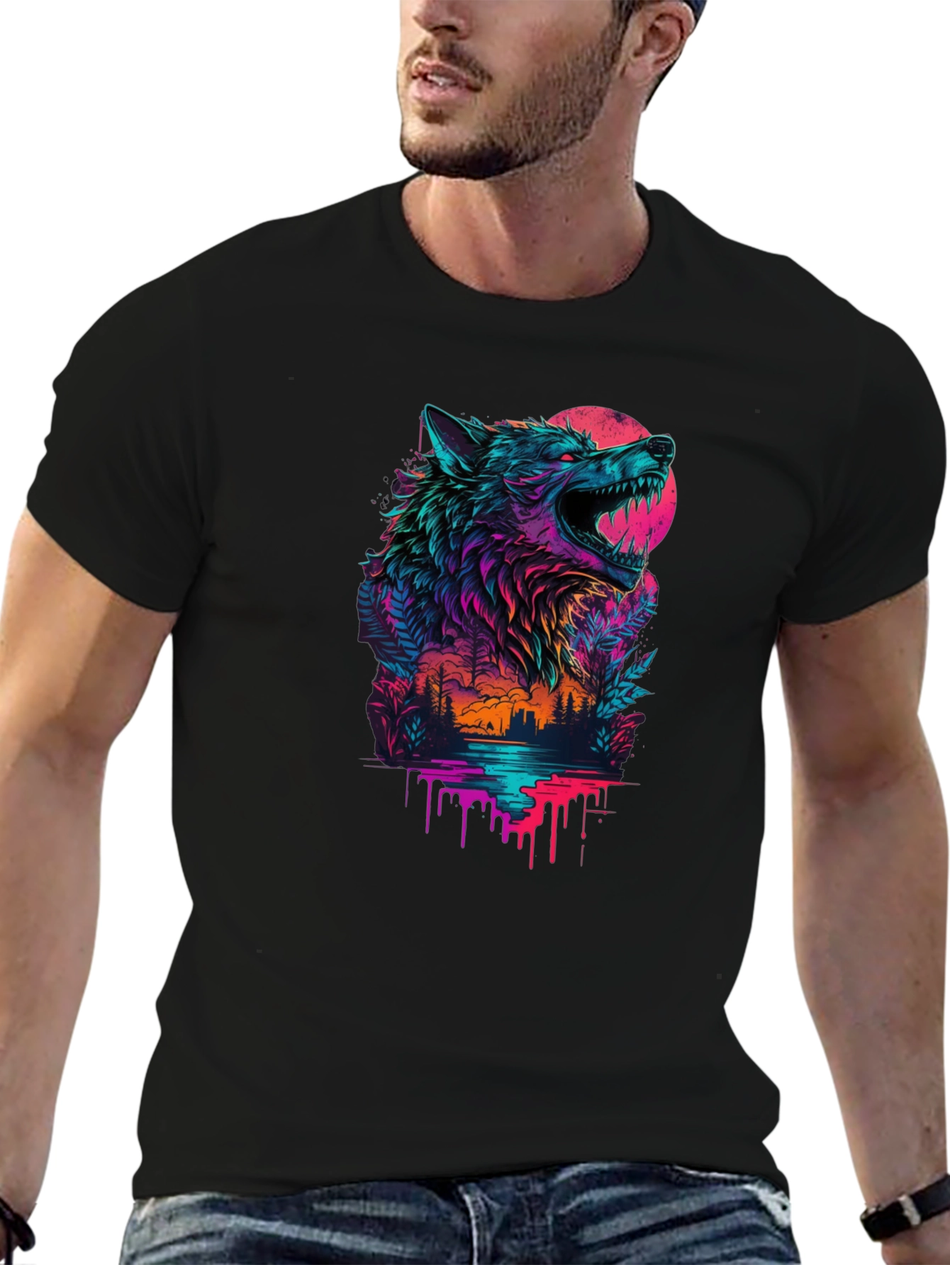 Neon Wolf Graphic Black T-Shirt