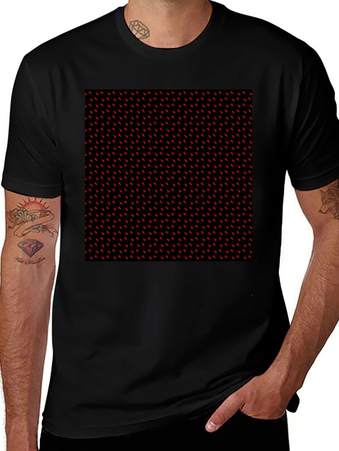Red Accent Patterned Black Tee
