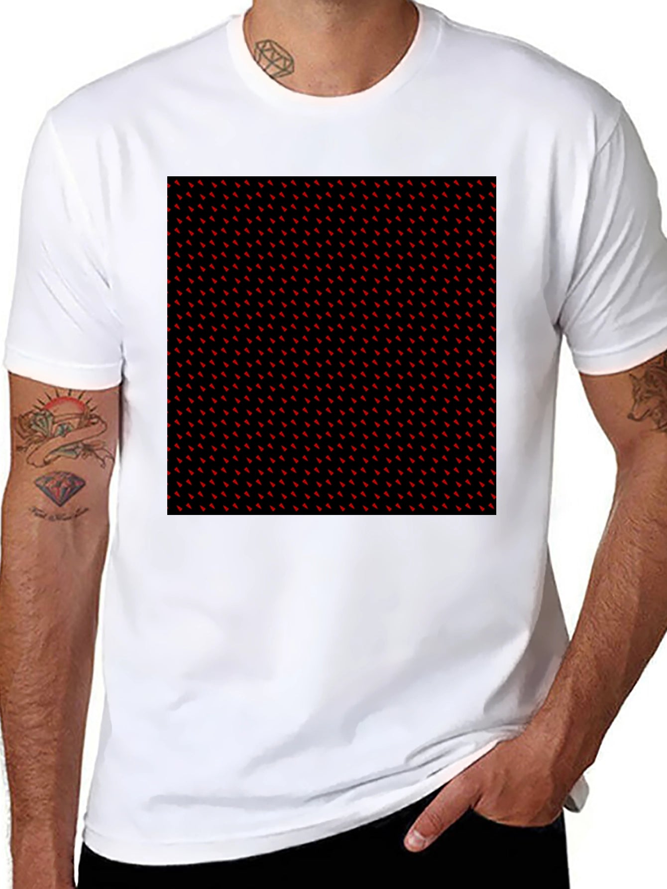 Red Accent Patterned Black Tee