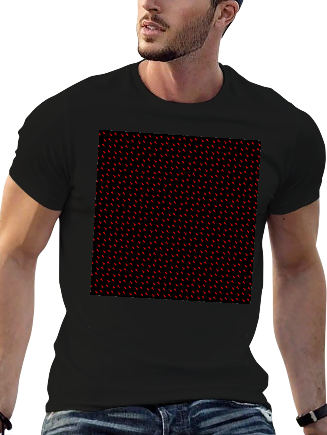 Red Accent Patterned Black Tee