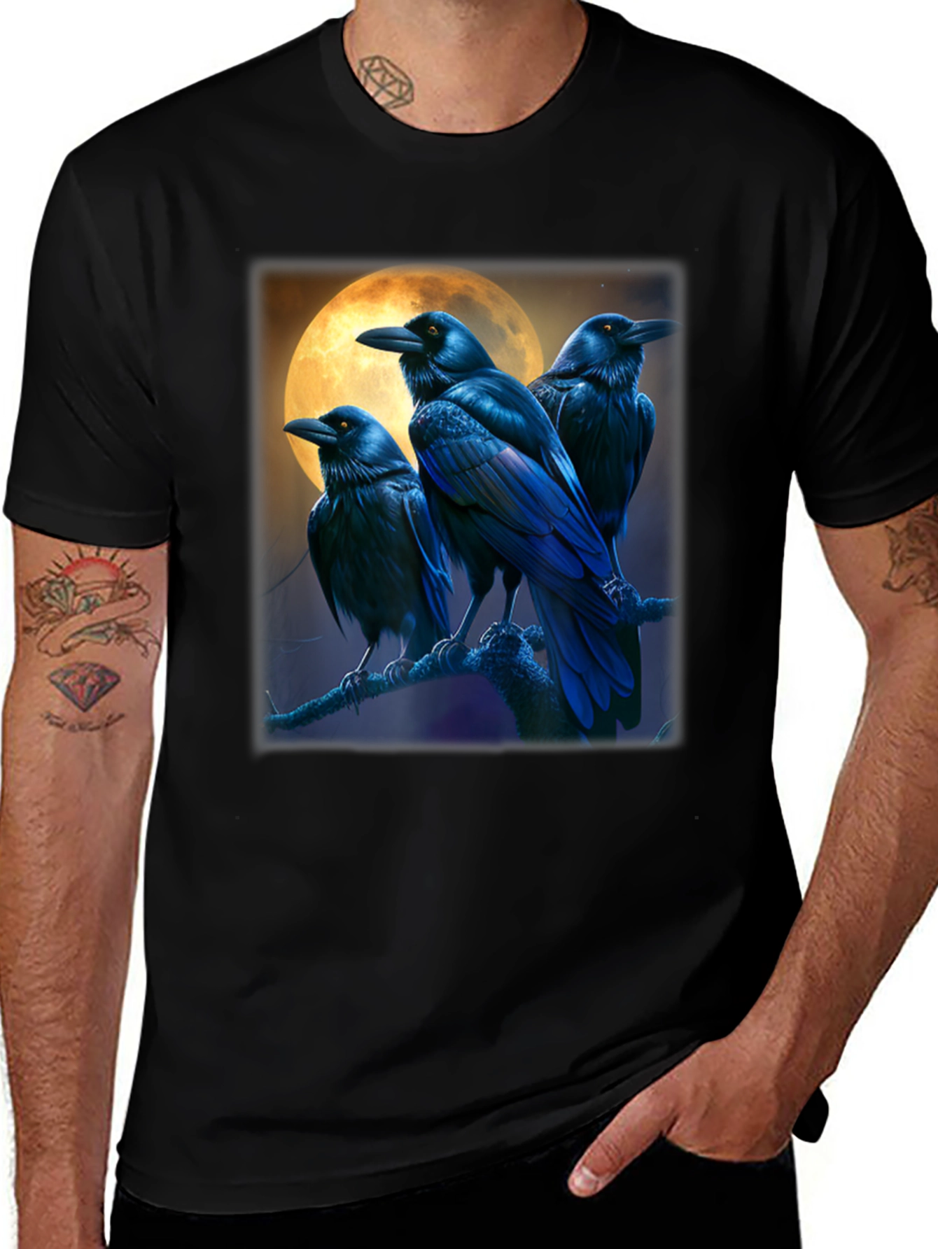 Raven Moon Graphic Tee - Black Cotton T-Shirt