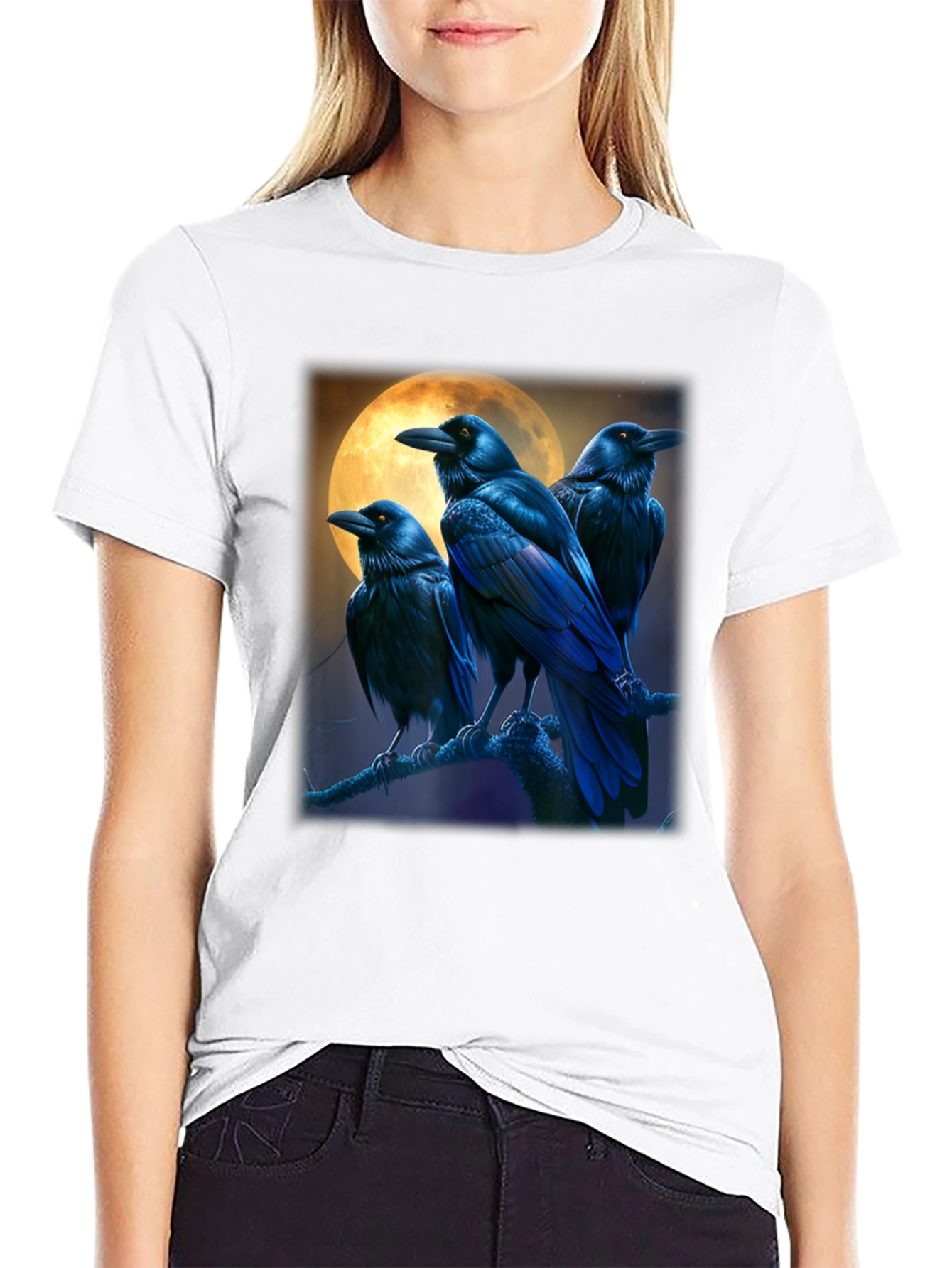 Raven Moon Graphic Tee - Black Cotton T-Shirt
