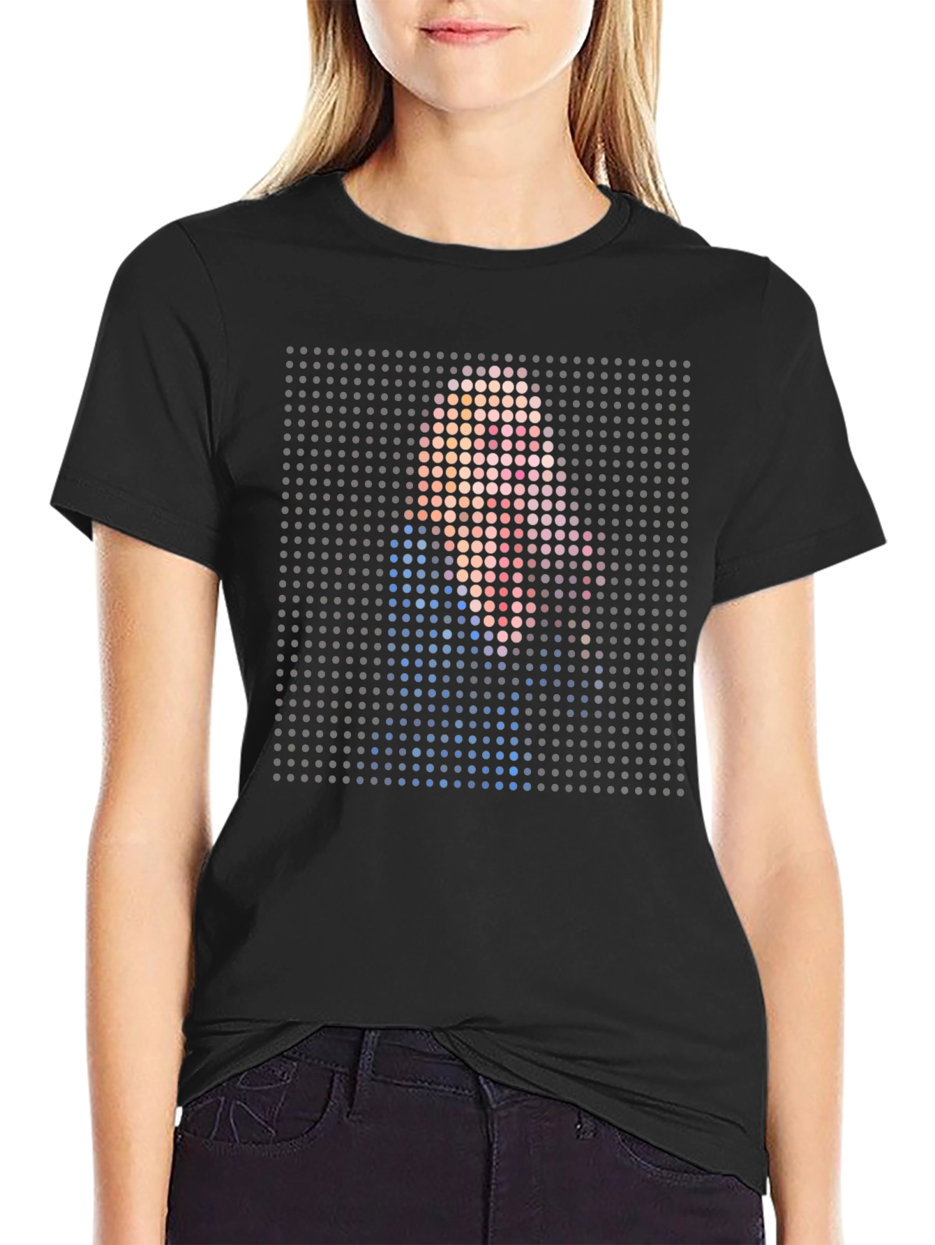 Pixelated Portrait Graphic Print Black T-Shirt