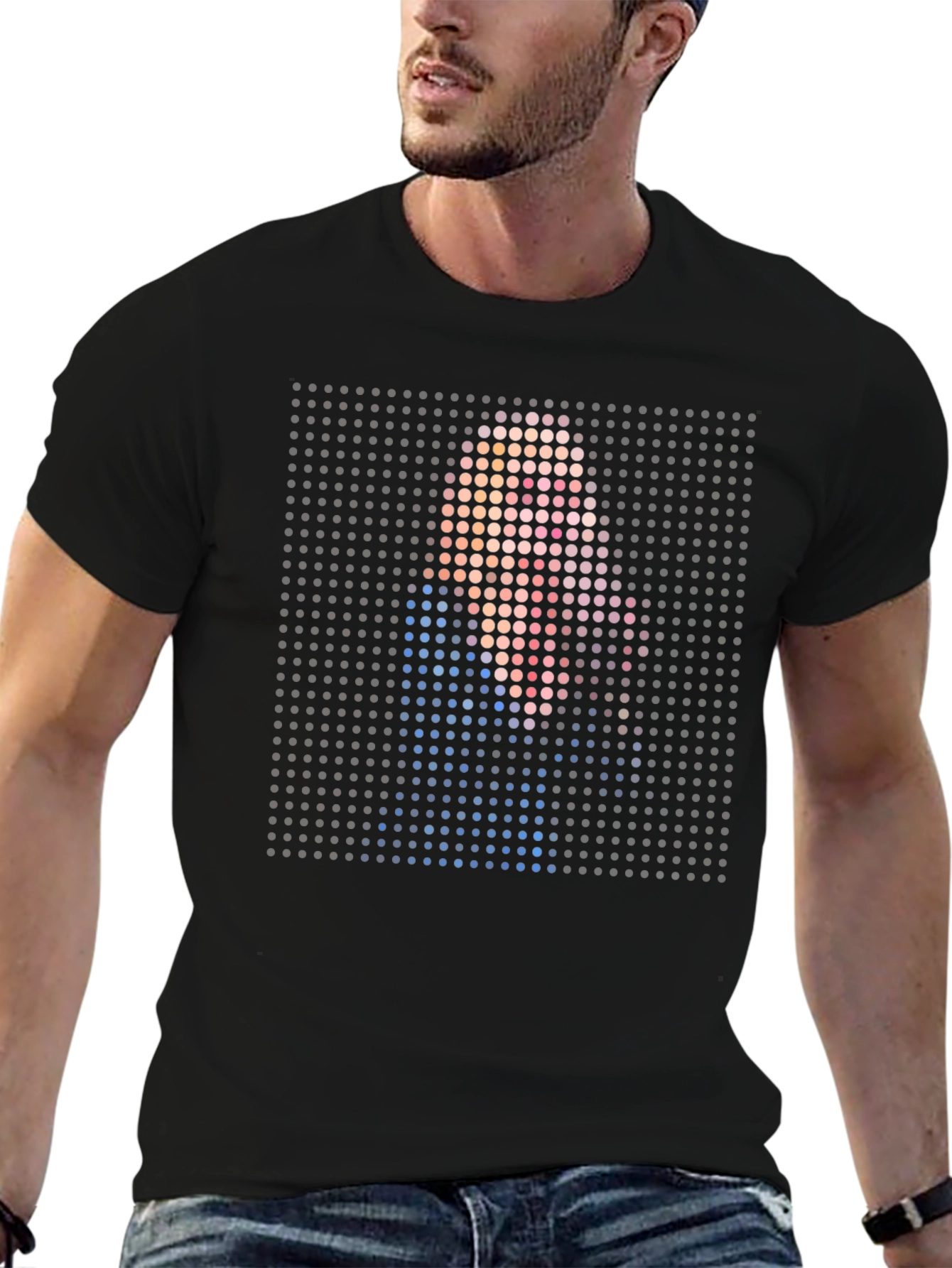 Pixelated Portrait Graphic Print Black T-Shirt