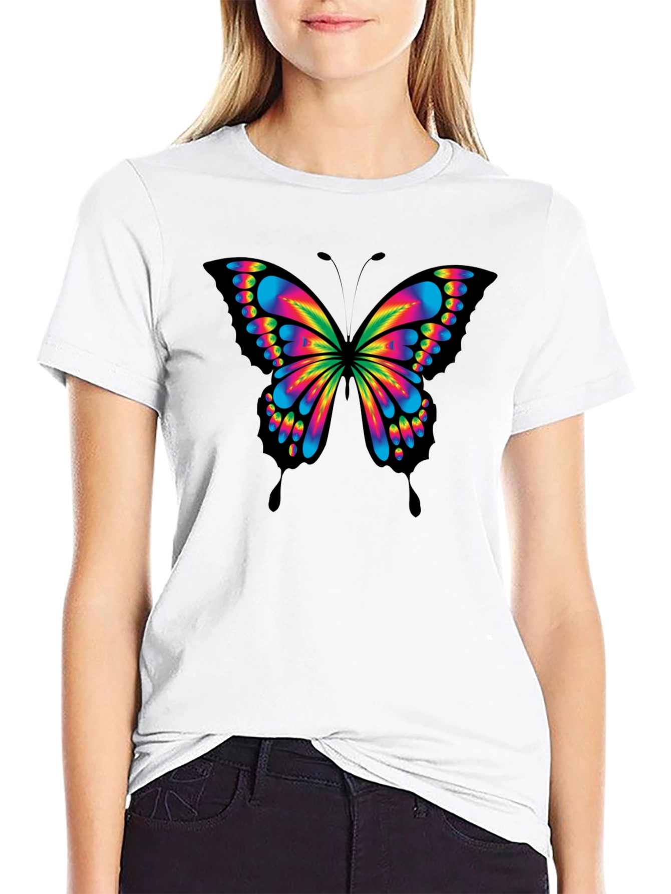 Vivid Butterfly Graphic Tee - Bold Black Cotton T-Shirt