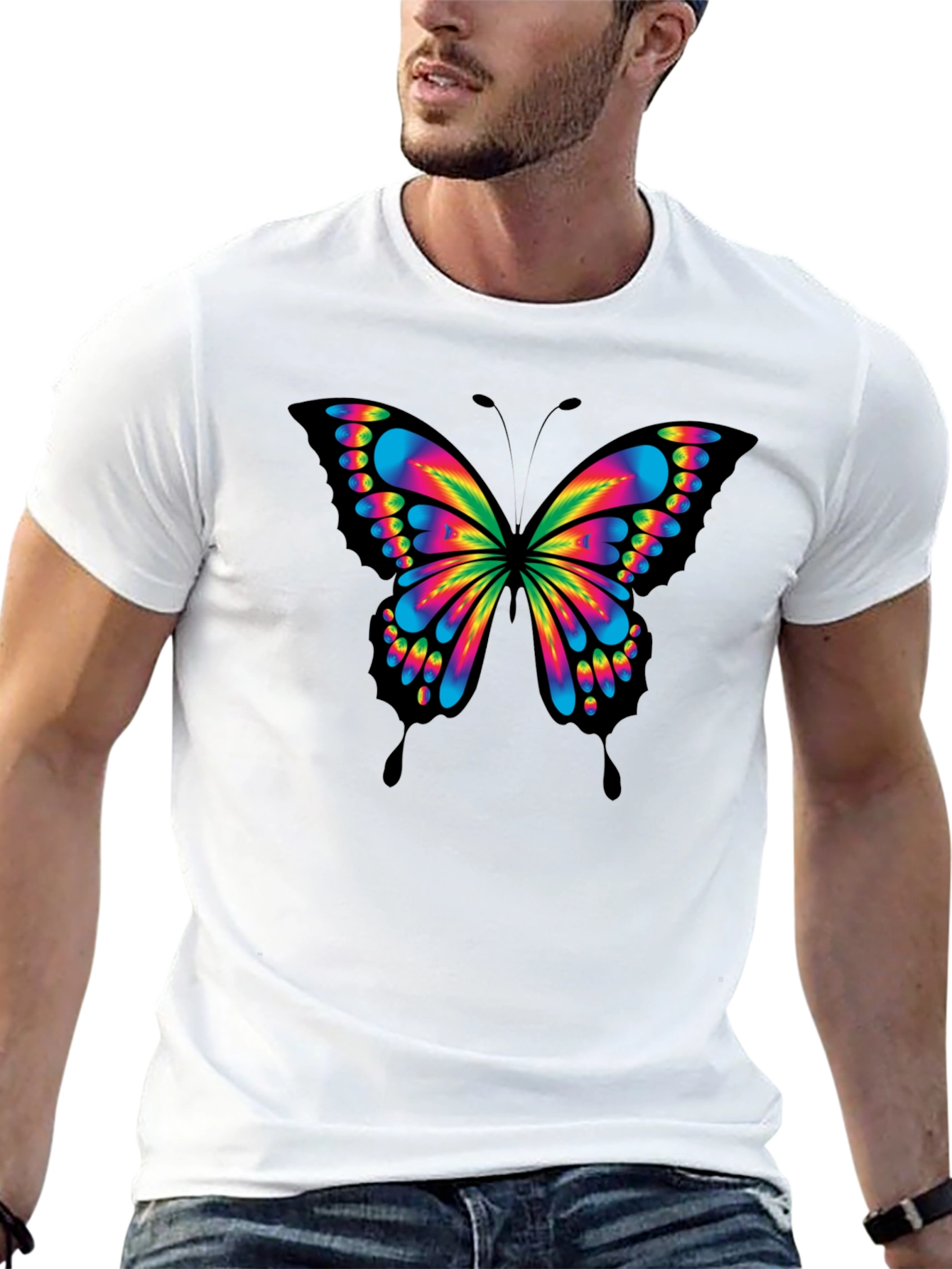 Vivid Butterfly Graphic Tee - Bold Black Cotton T-Shirt