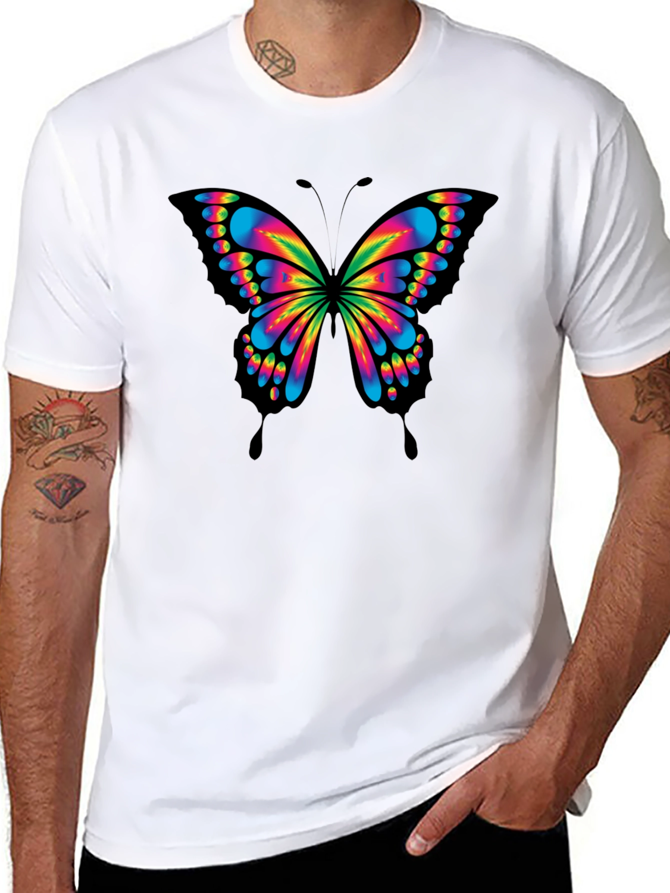 Vivid Butterfly Graphic Tee - Bold Black Cotton T-Shirt