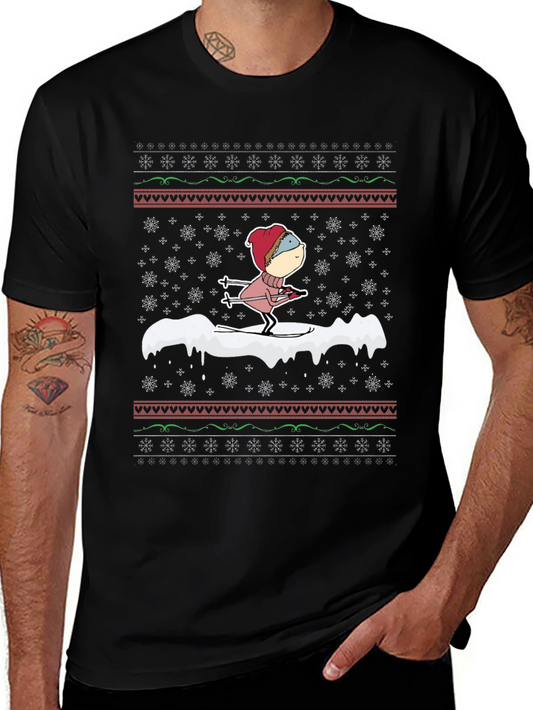 Skiing Cartoon Ugly Christmas T-Shirt