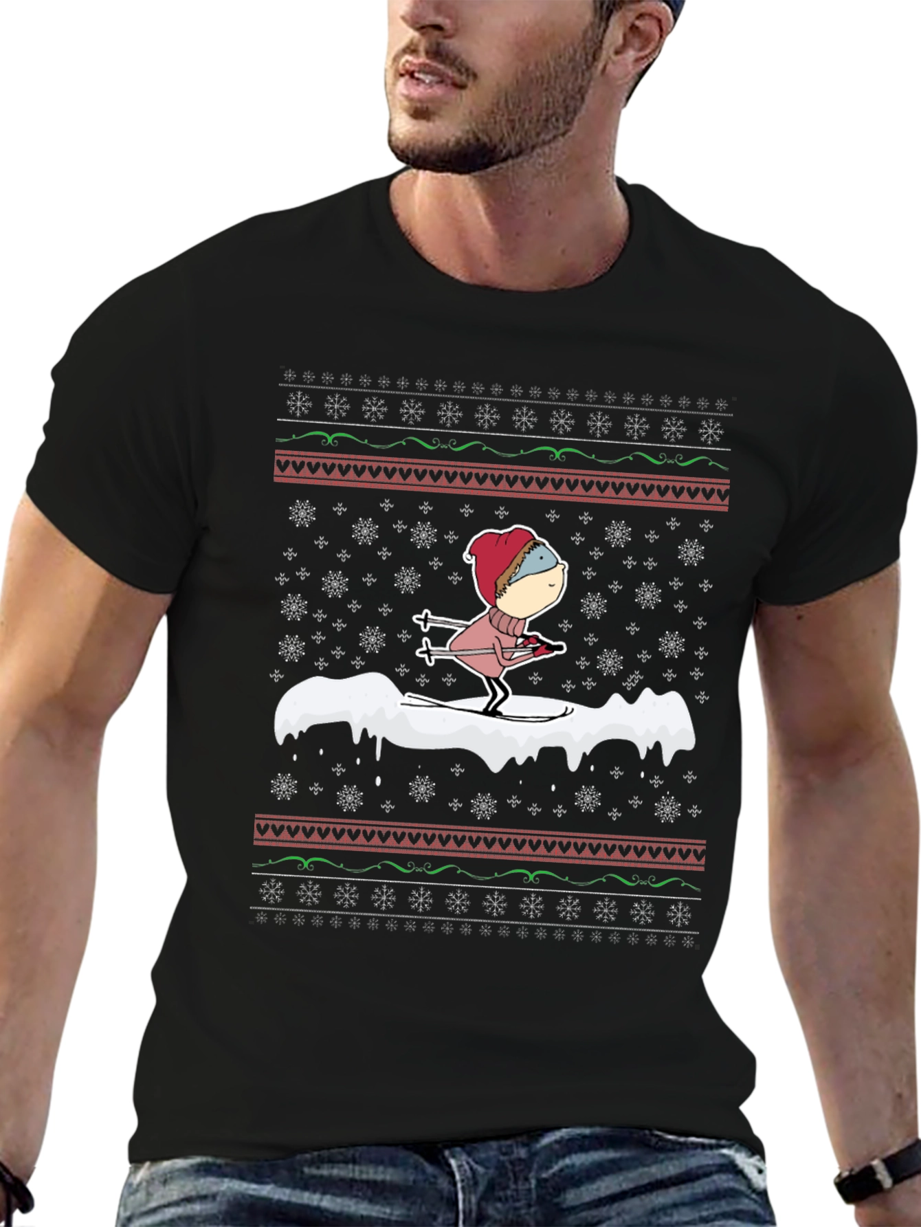 Skiing Cartoon Ugly Christmas T-Shirt