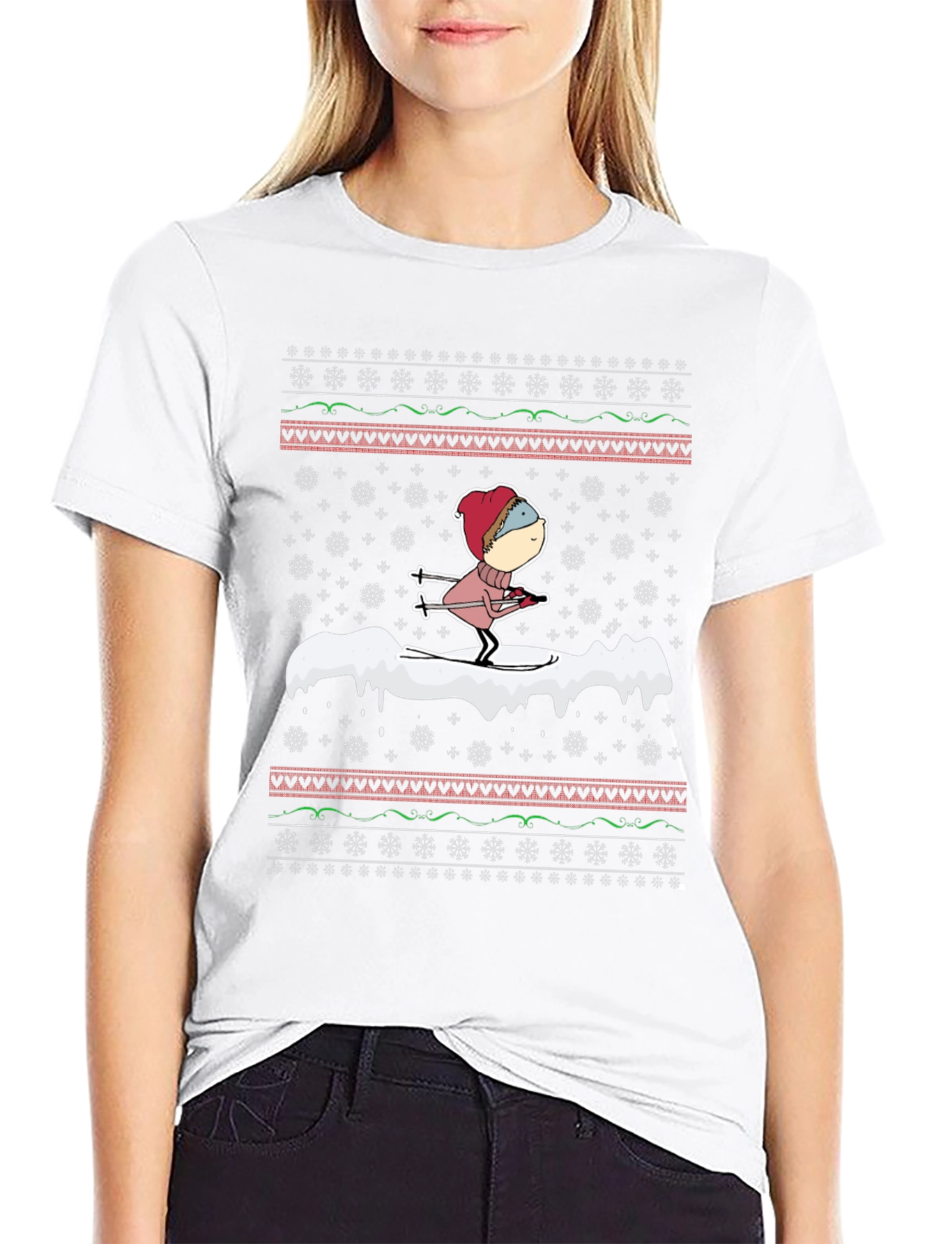 Skiing Cartoon Ugly Christmas T-Shirt