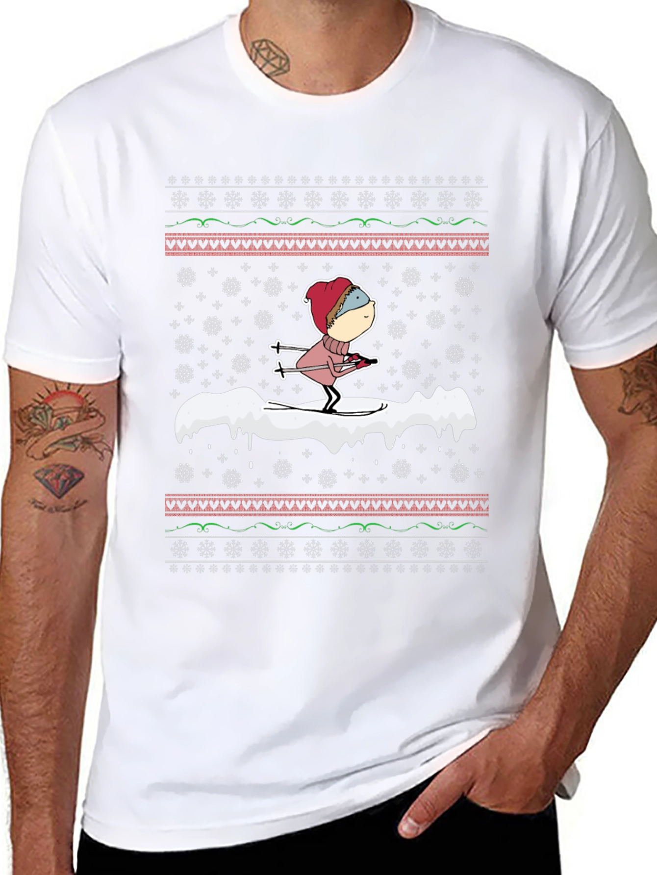 Skiing Cartoon Ugly Christmas T-Shirt
