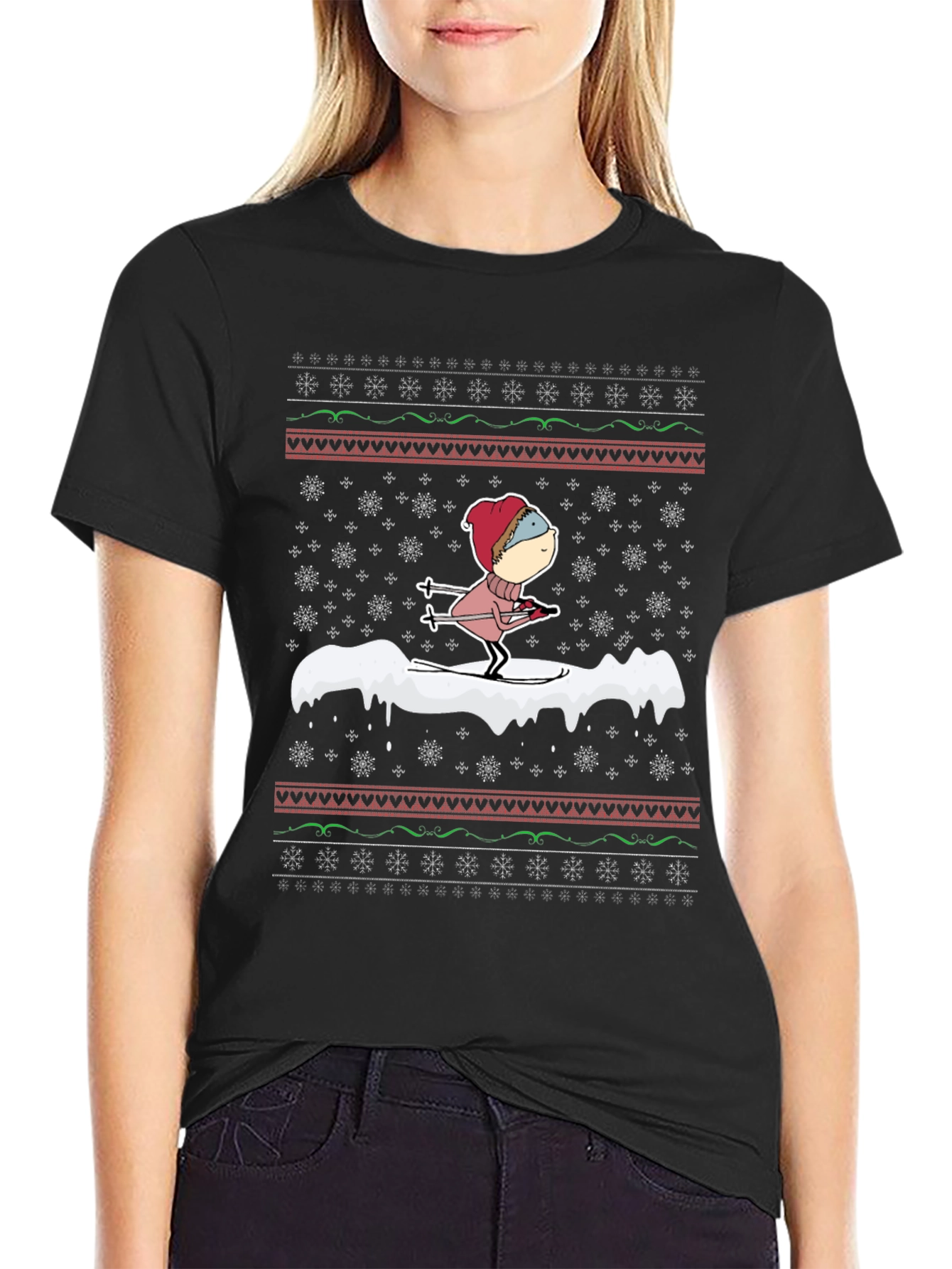 Skiing Cartoon Ugly Christmas T-Shirt