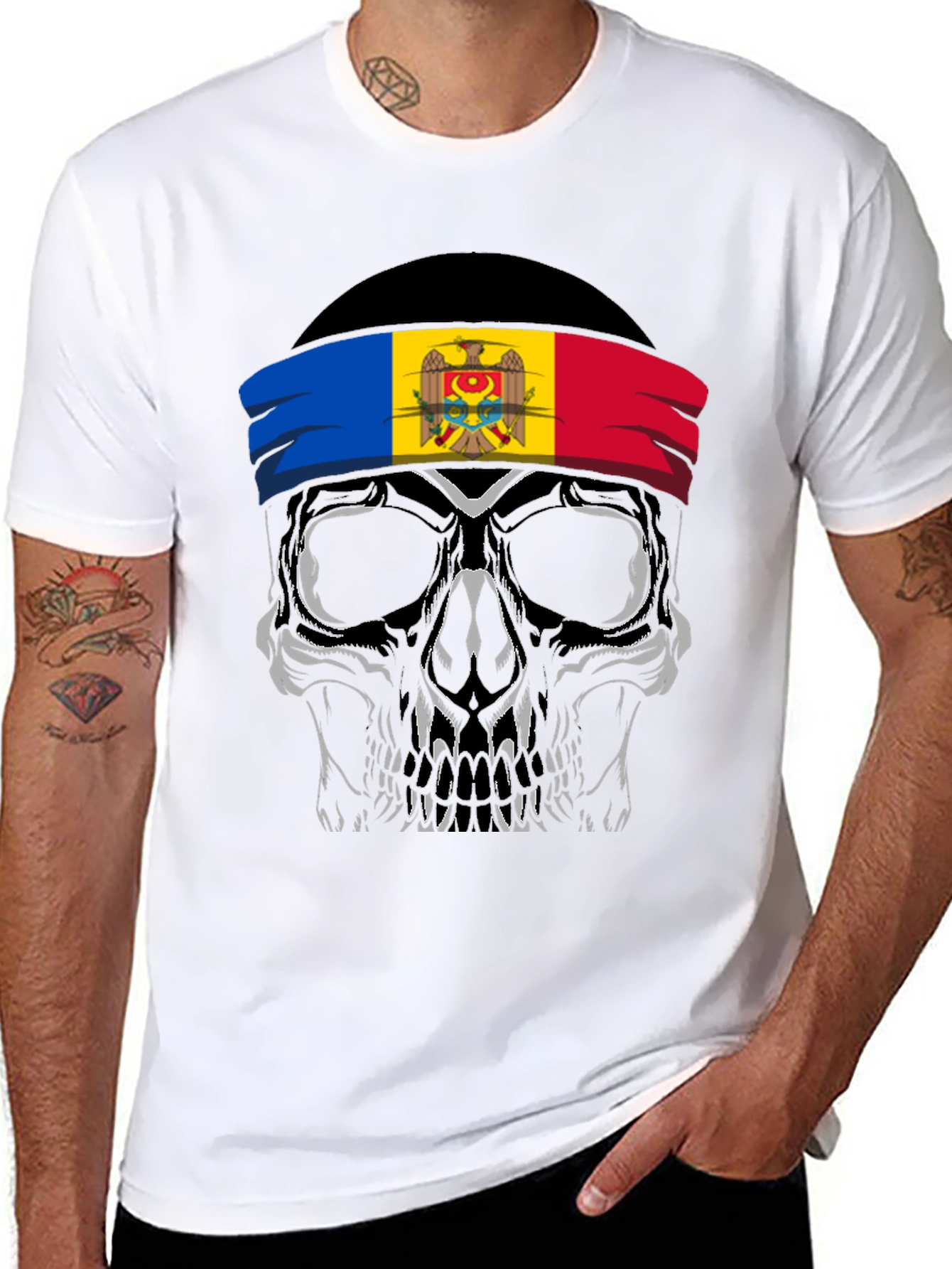 Skull T-Shirt: Moldova Flag Headband Design