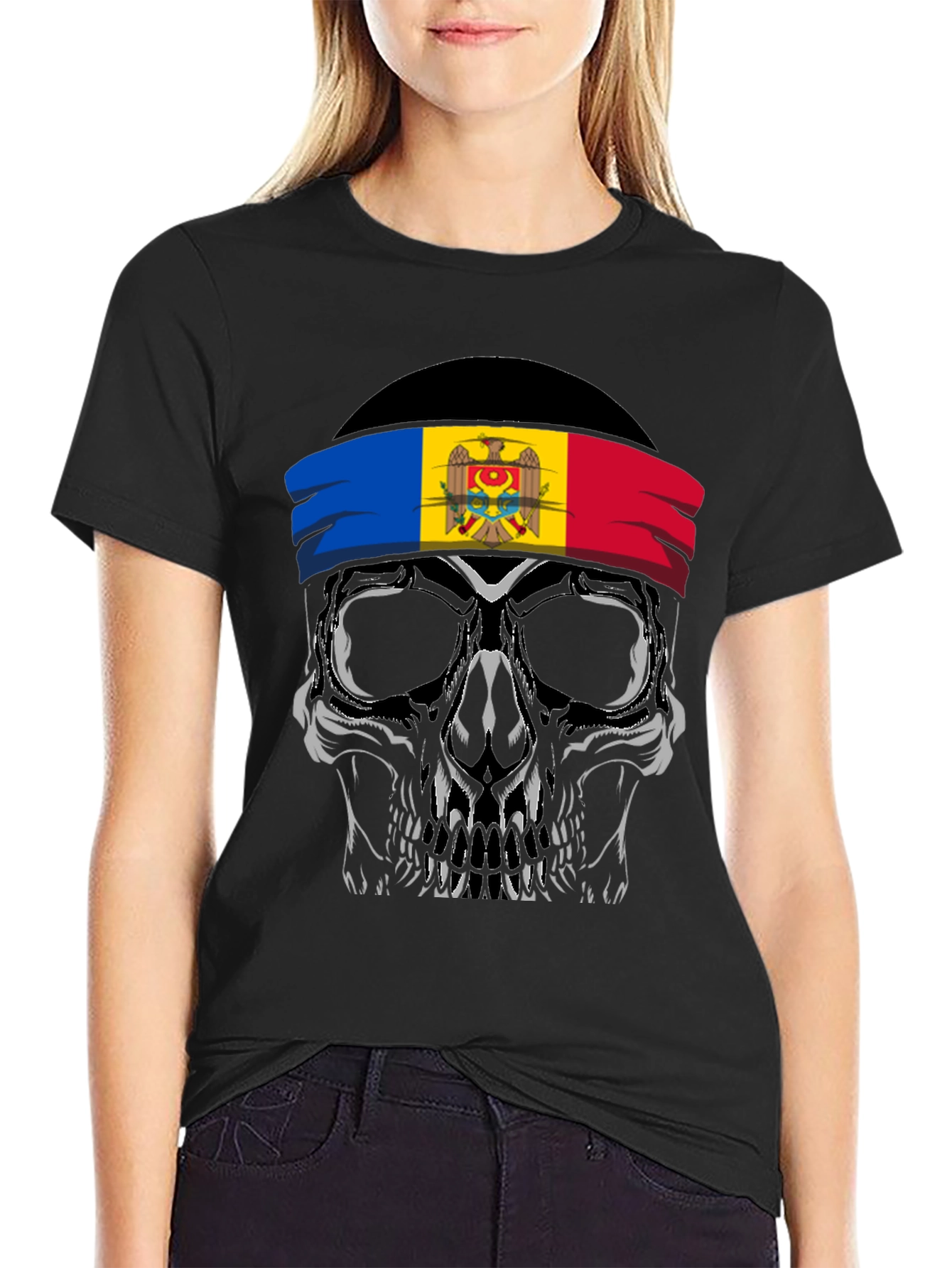 Skull T-Shirt: Moldova Flag Headband Design