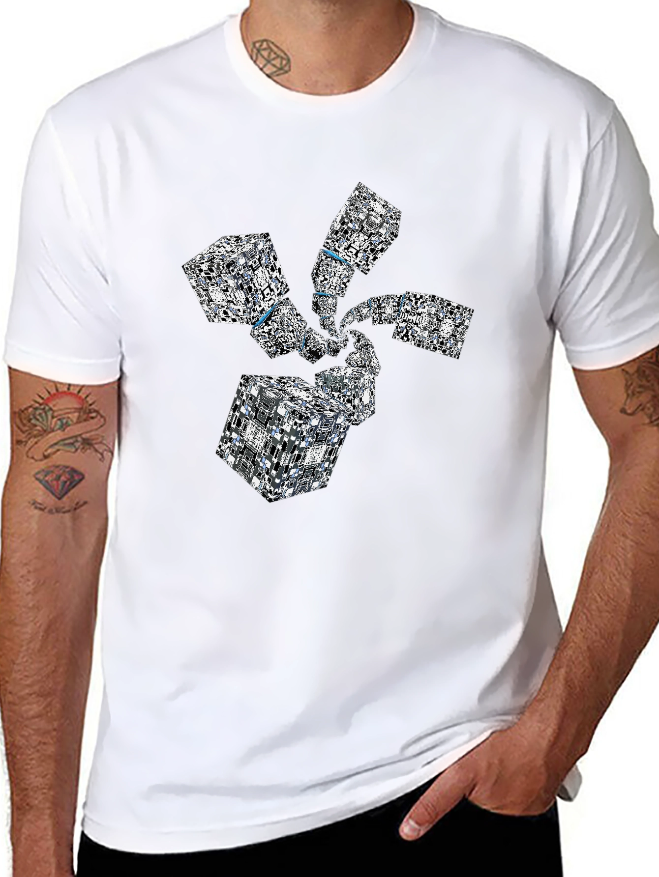 Abstract Geometric Cube Spiral Black T-Shirt