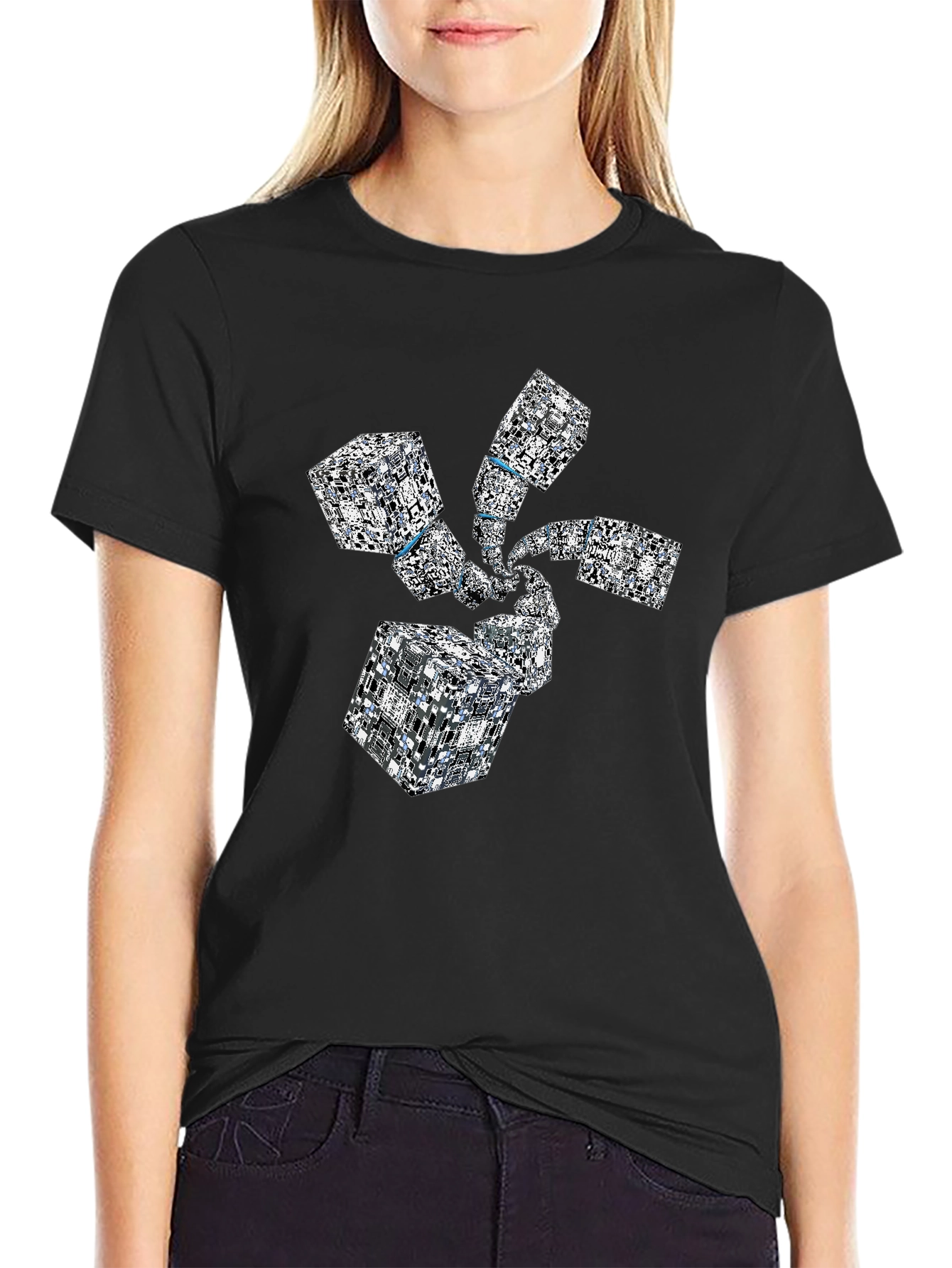 Abstract Geometric Cube Spiral Black T-Shirt
