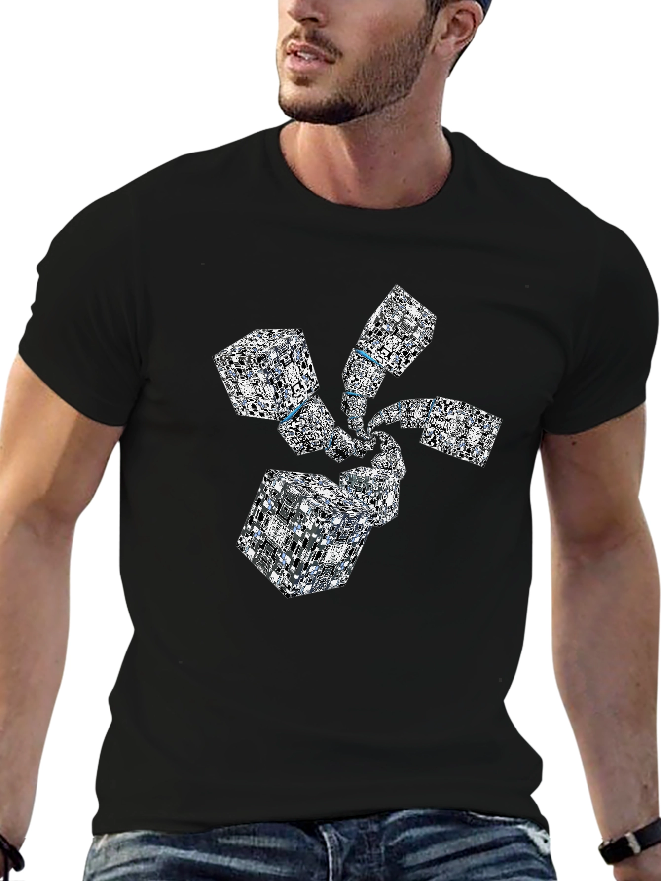 Abstract Geometric Cube Spiral Black T-Shirt