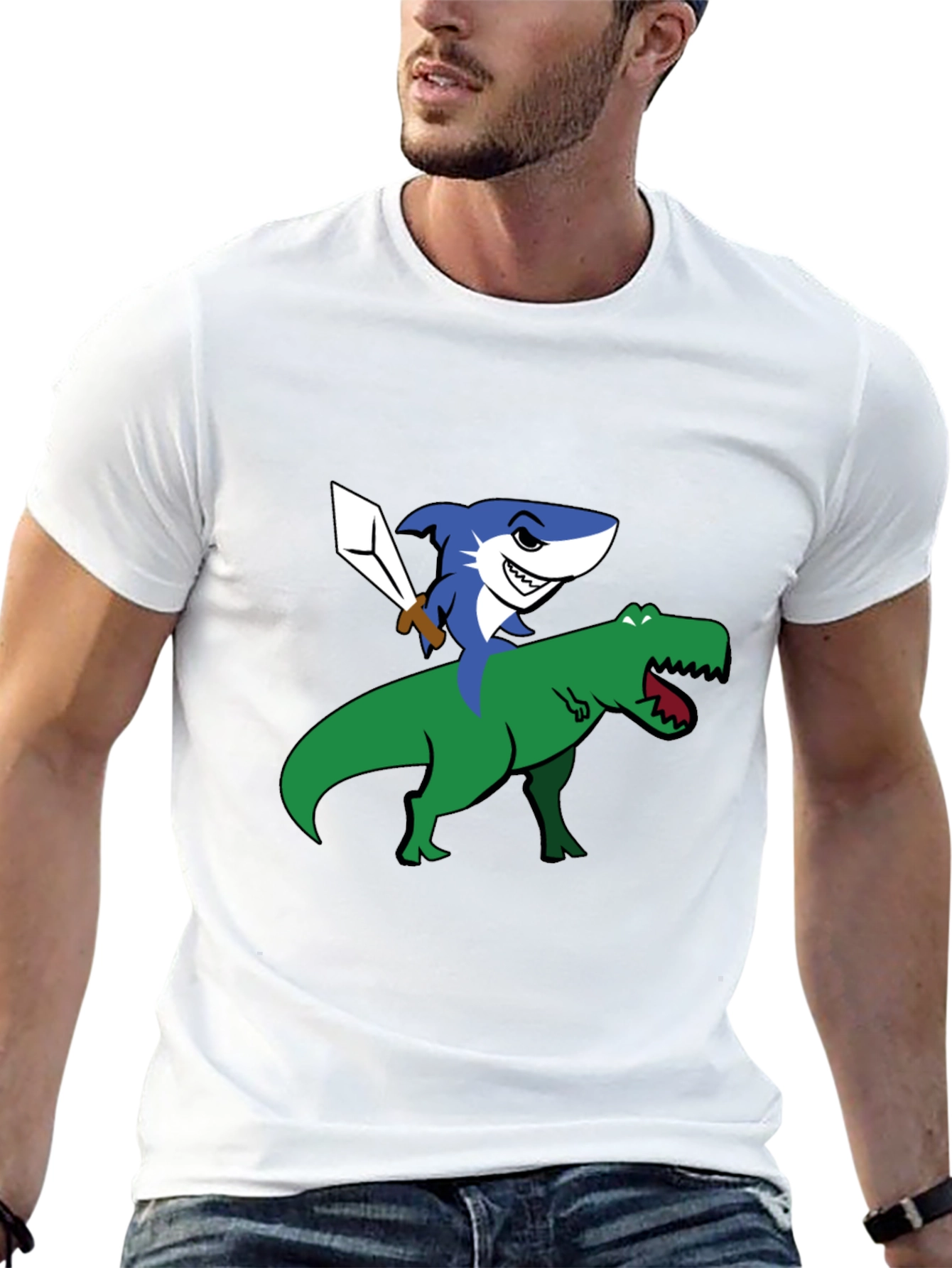Shark Riding Dinosaur Funny Graphic T-Shirt