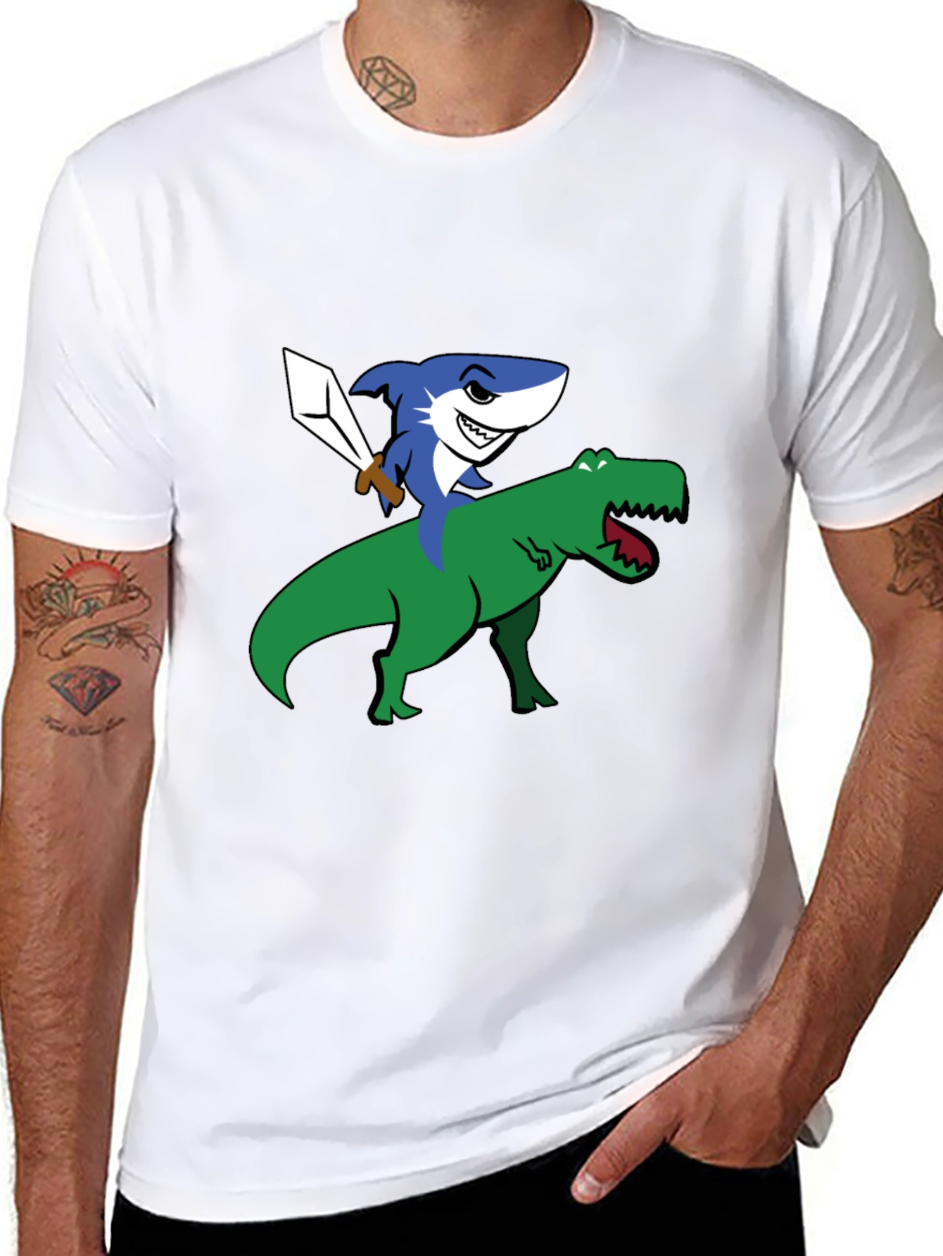 Shark Riding Dinosaur Funny Graphic T-Shirt