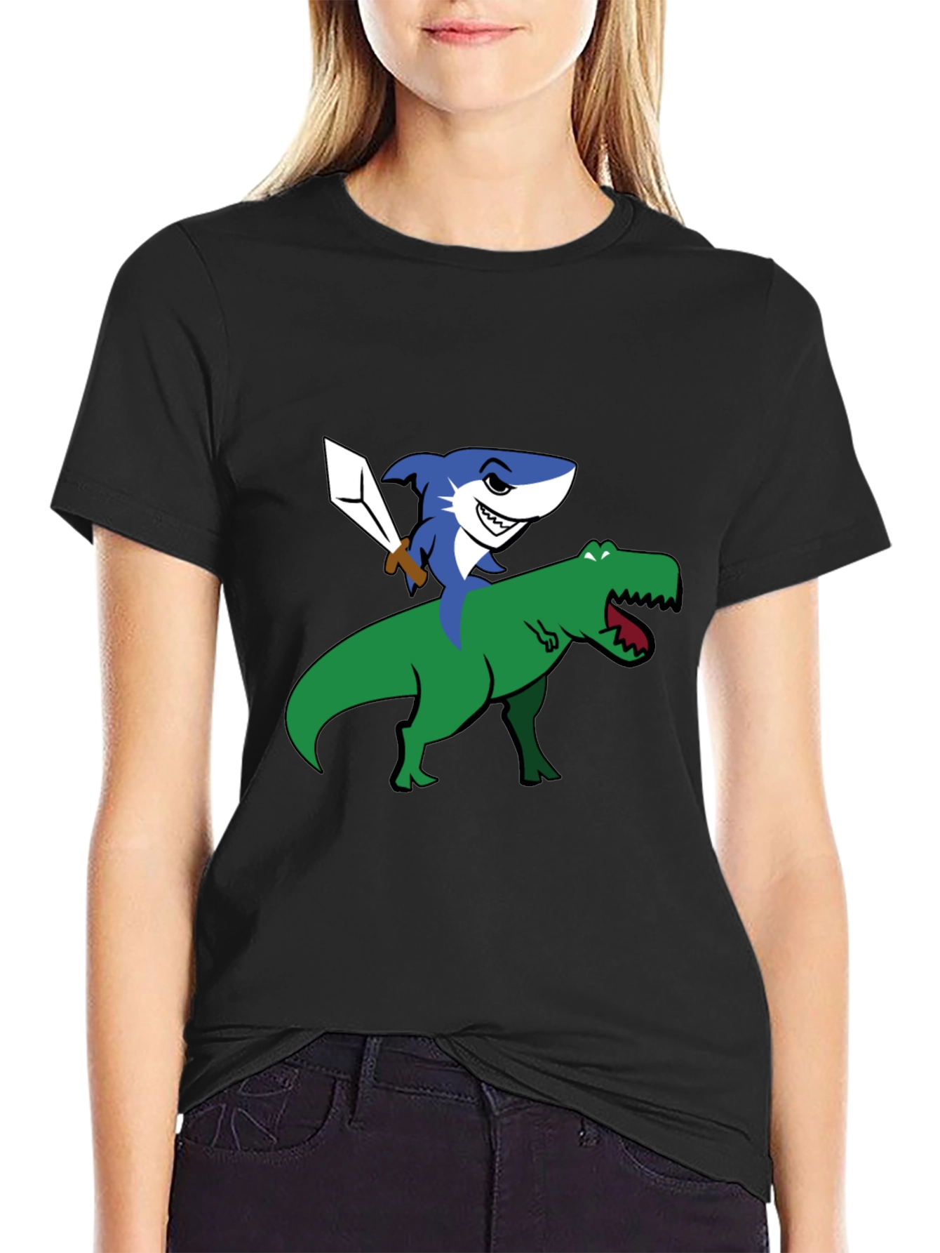Shark Riding Dinosaur Funny Graphic T-Shirt