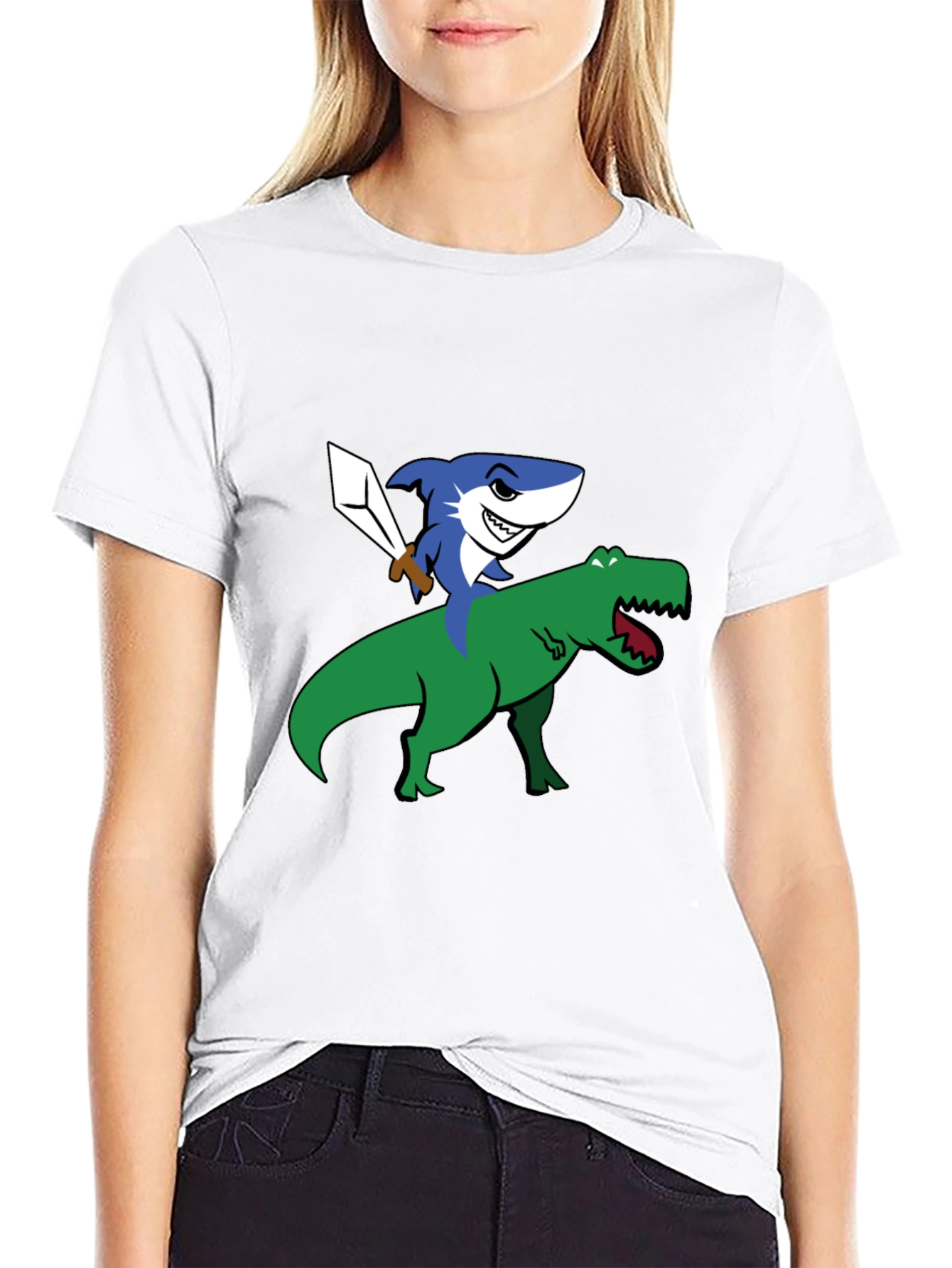 Shark Riding Dinosaur Funny Graphic T-Shirt