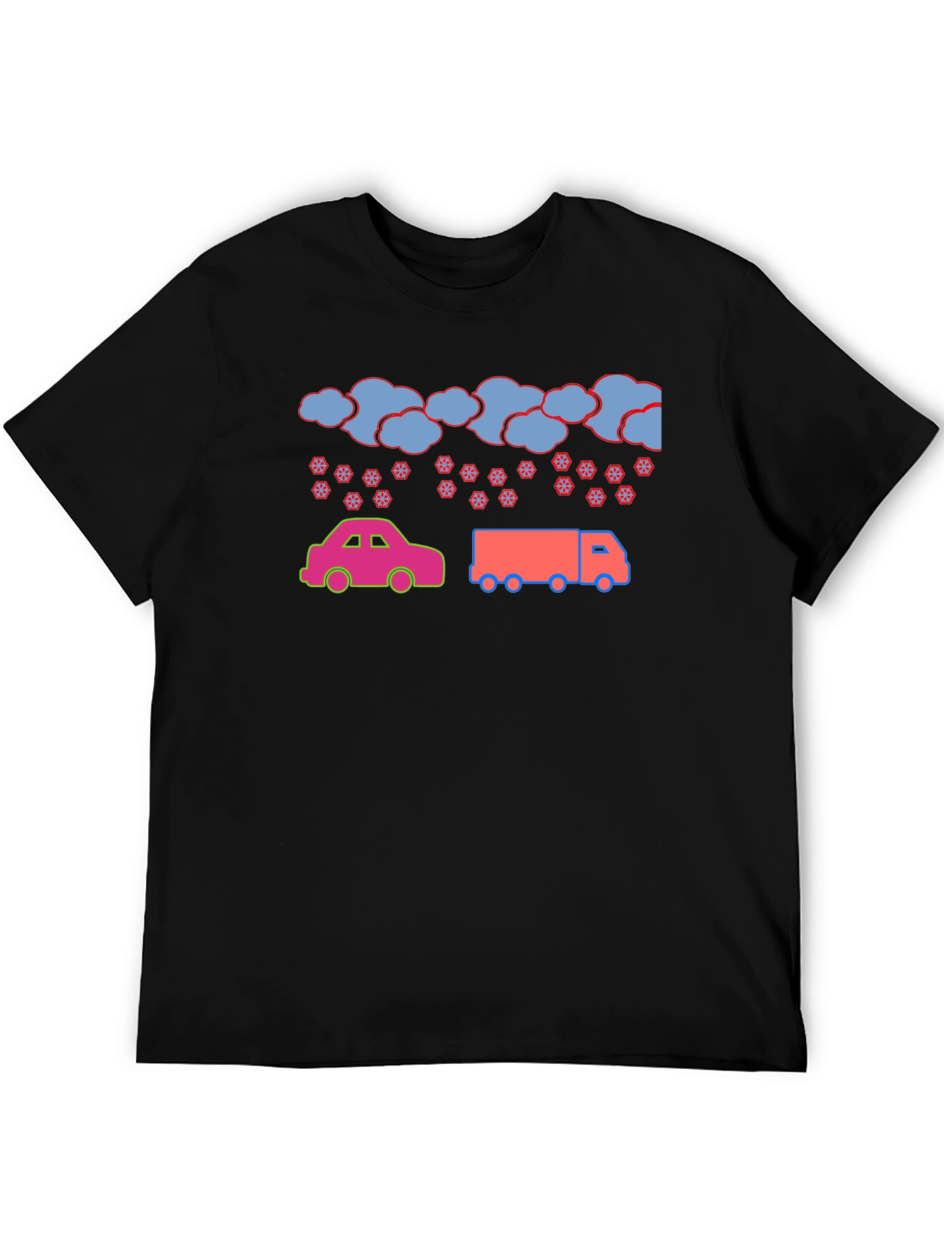 Cartoon Car & Truck Snow Day Black T-Shirt