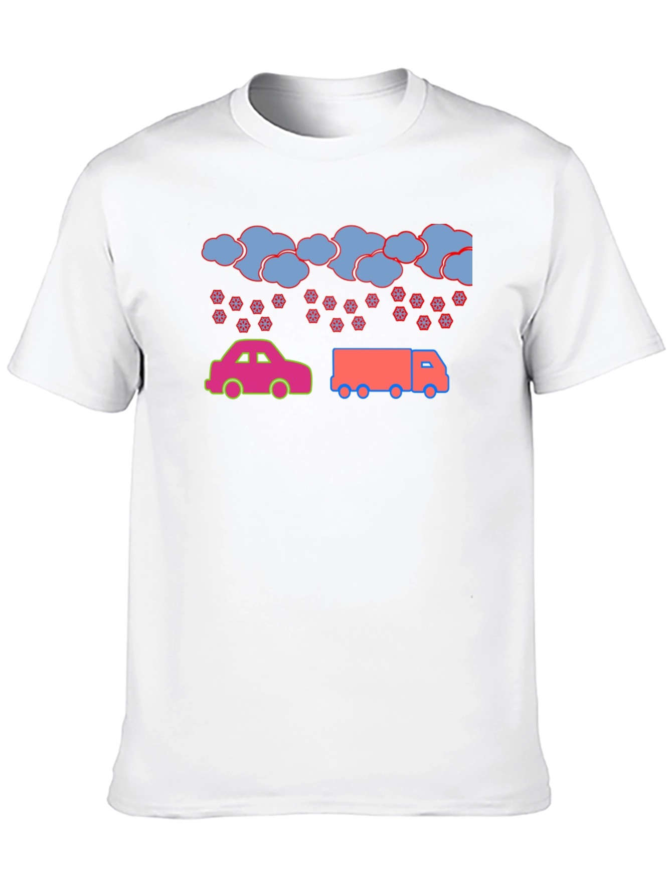 Cartoon Car & Truck Snow Day Black T-Shirt